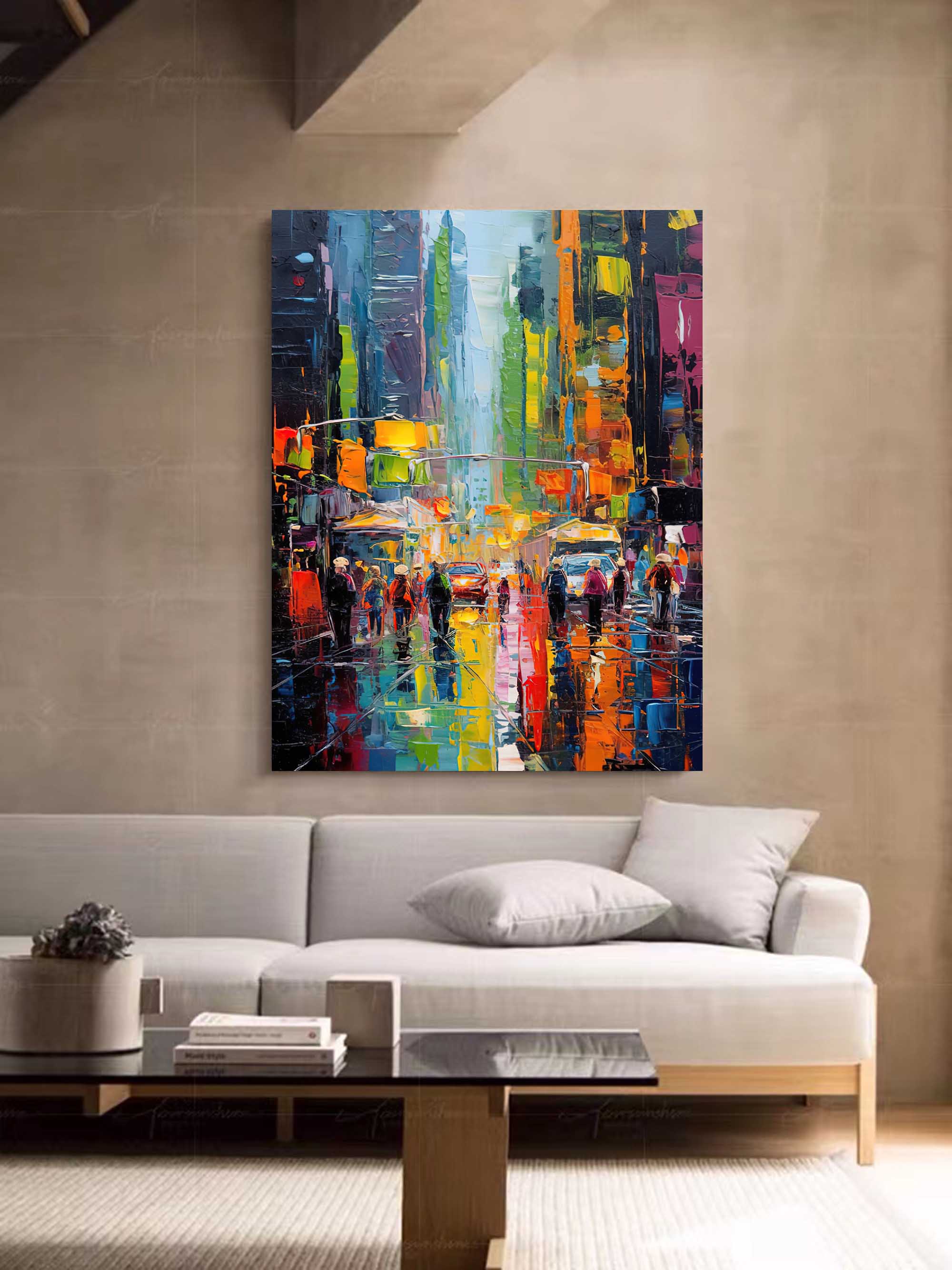 Wall Art Colorful City Street Abstract Impasto Texture Living Room | Neutralighting