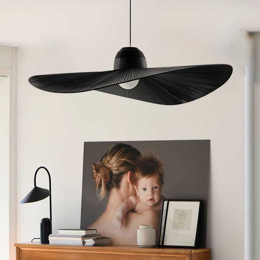 Ritta Modern Woven Wide-Brimmed Hat Shape Metal/Fabric Pendant Light, Black/White - Neutralighting