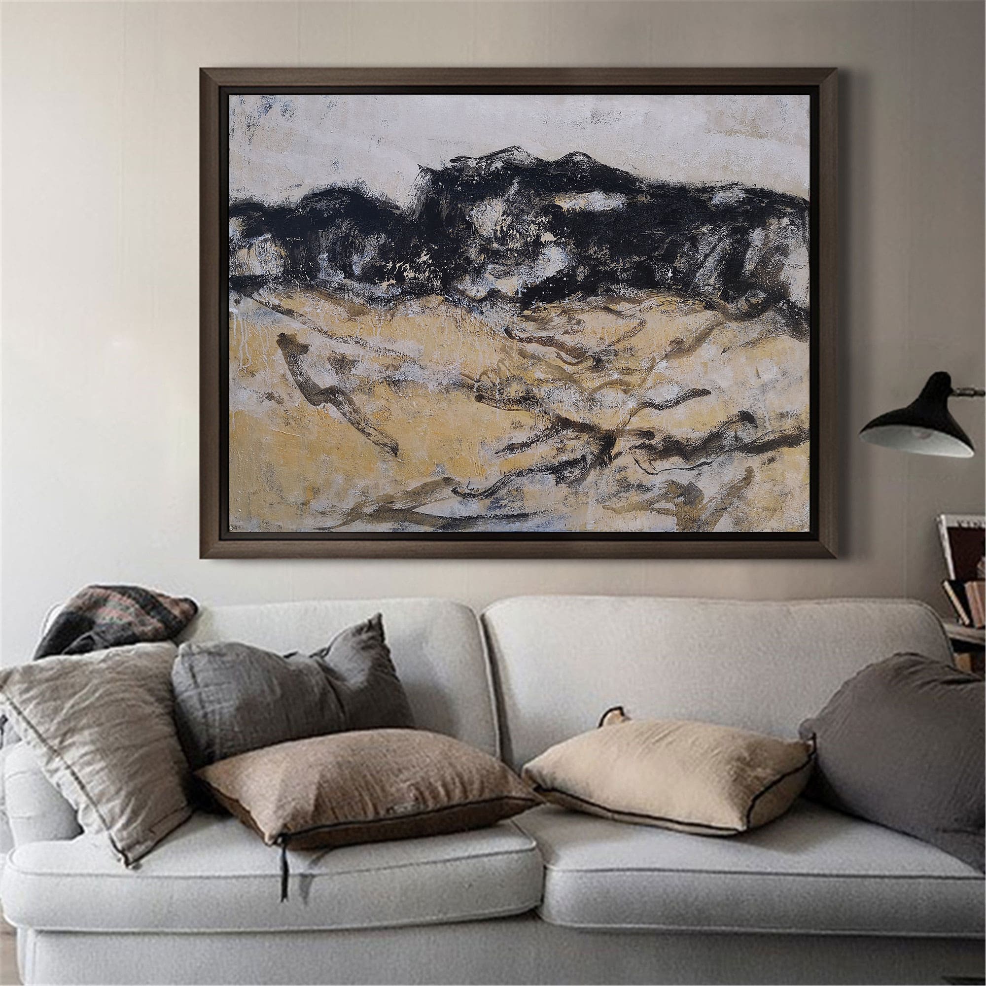 Black‑Gold‑Beige Abstract‑Landscape Rugged Impasto‑Texture Artwork
