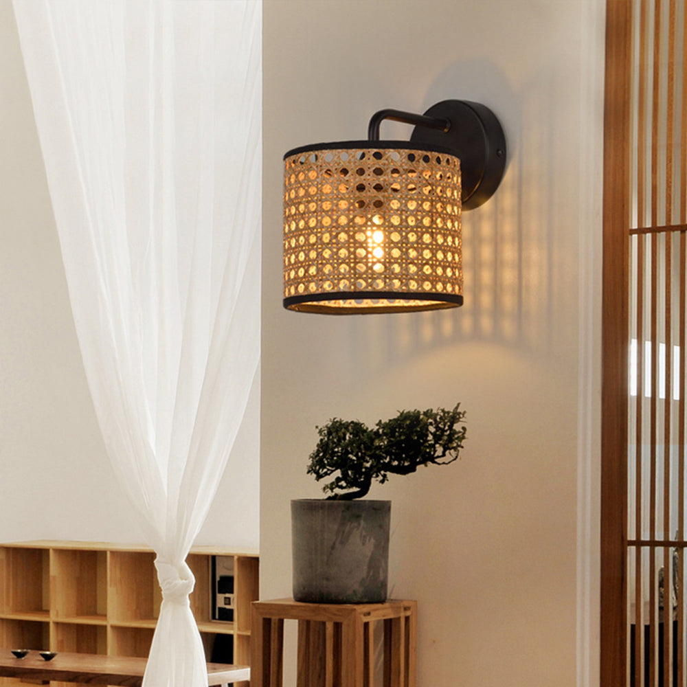 Muto Rustic Cylindrical Rattan/Metal Wall Lamp, Brown - Neutralighting