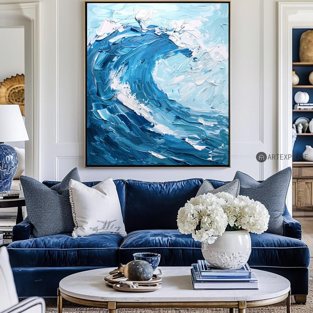 Crashing Ocean Surf Abstract Blue‑Tone Heavy Impasto Raised‑Texture Artwork