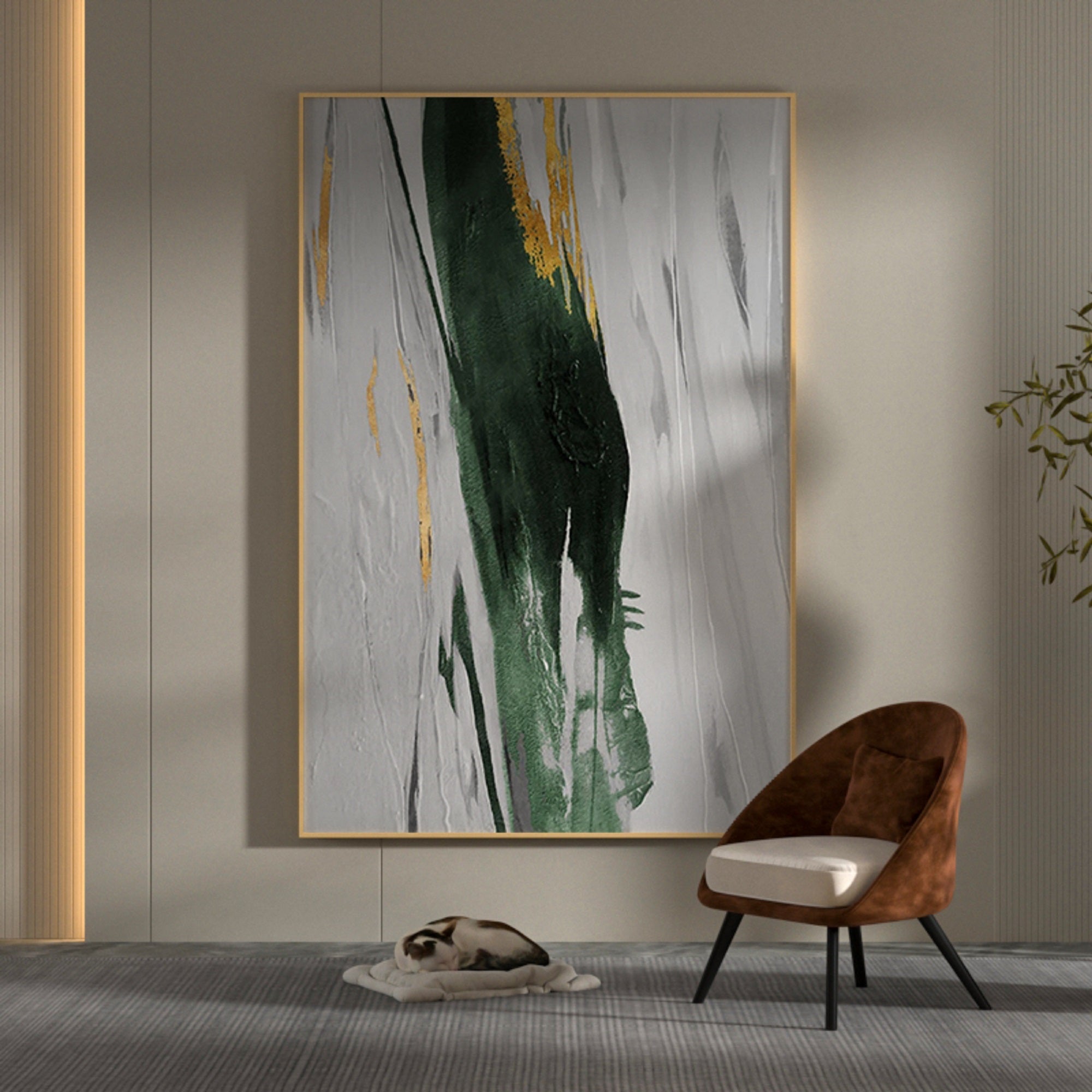 Grey‑Emerald‑Gold Vertical Streaked‑Brush Impasto‑Textured Artwork