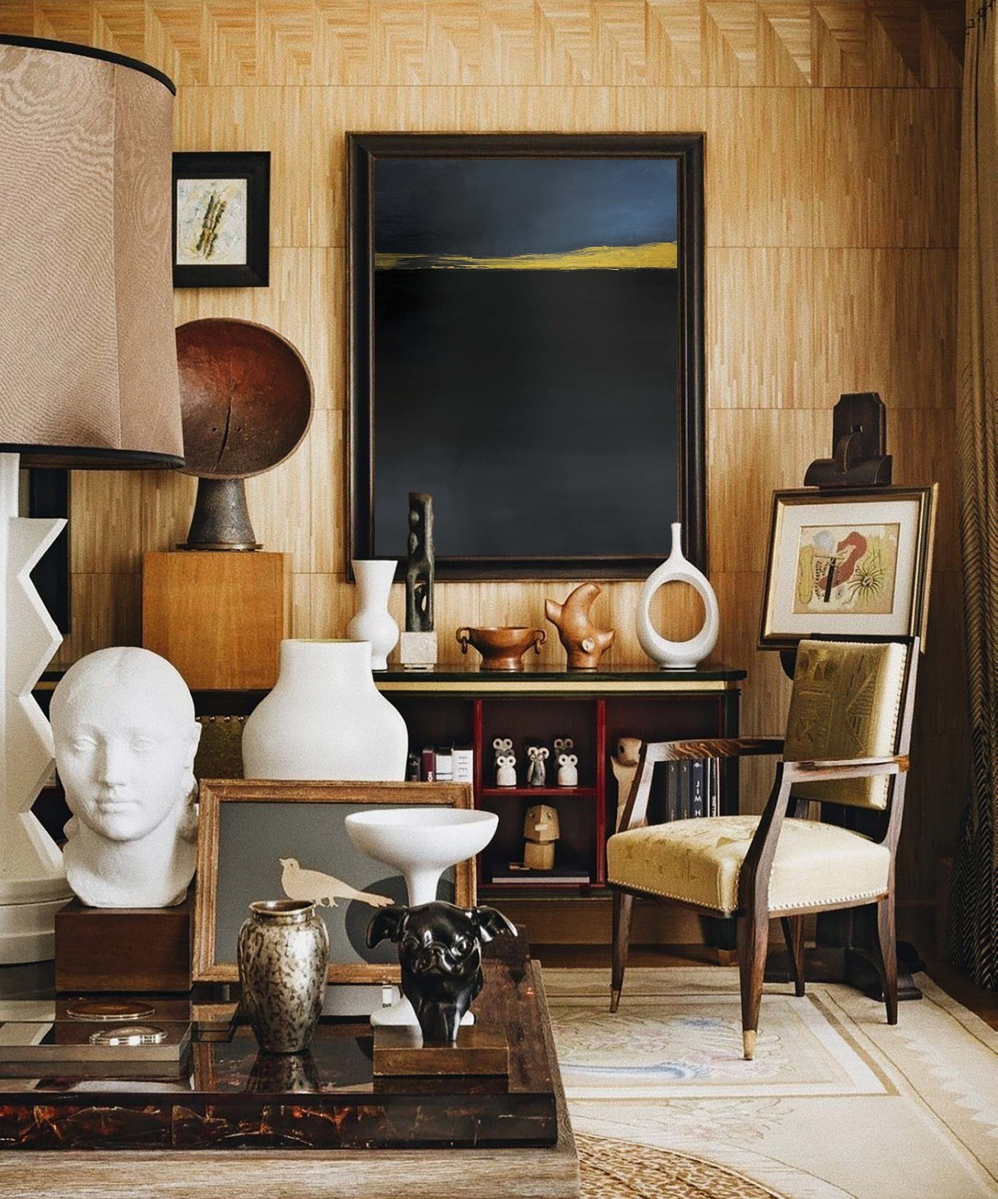 Modern Black Gold Yellow Abstract Linen Art