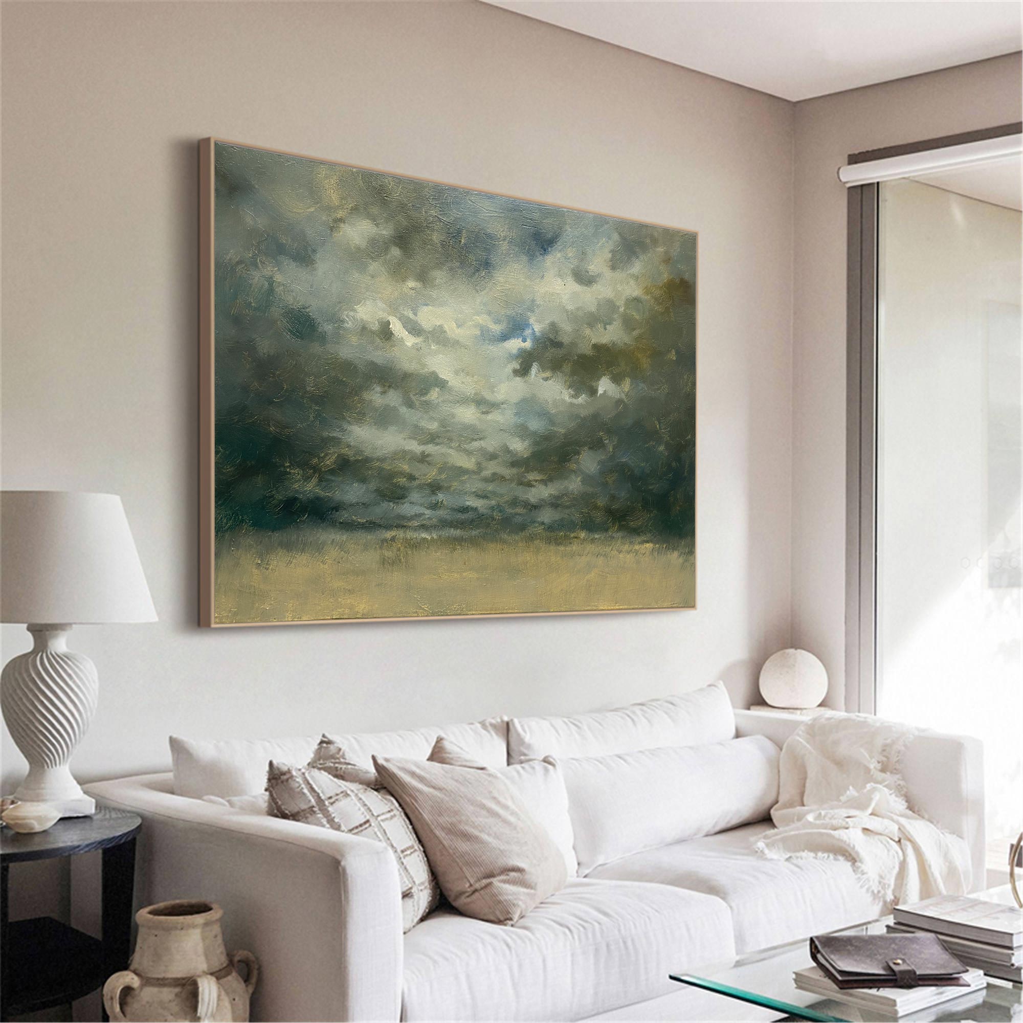 Abstract Stormy Sky Gold Horizon Oil Acrylic Linen Canvas Painting