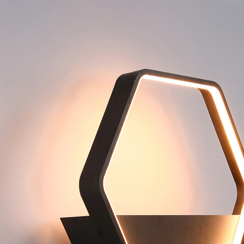 Ray Minimalist Hexagonal Ring With Shelf Metal Outdoor Wall Lamp, Black - Neutralighting