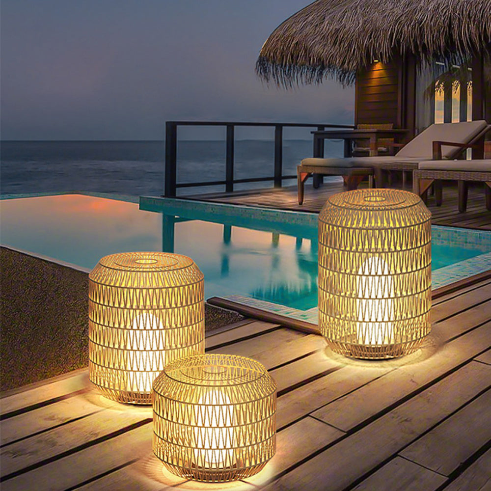 Ray Vintage Lantern Rattan Floor Lamp, Hardwired/Solar, Beige - Neutralighting