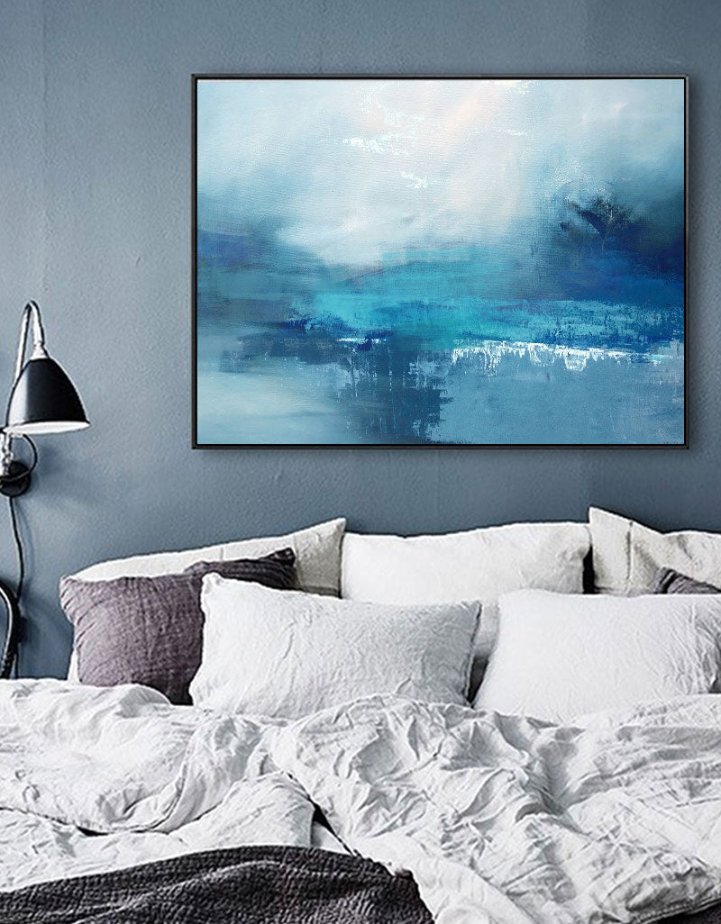 Teal‑Blue Horizontal Misty‑Ocean Abstract Seascape Textured Artwork