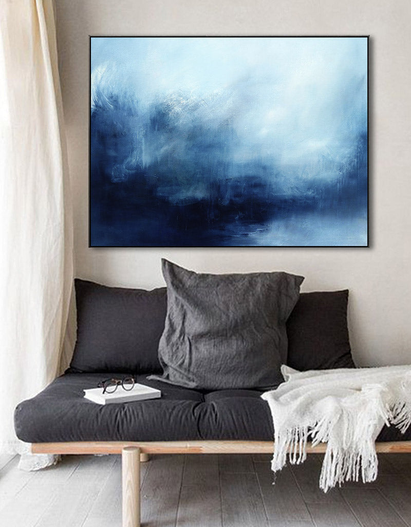 Navy‑Sky‑Blue Horizontal Storm‑Ocean Abstract Seascape Textured Artwork