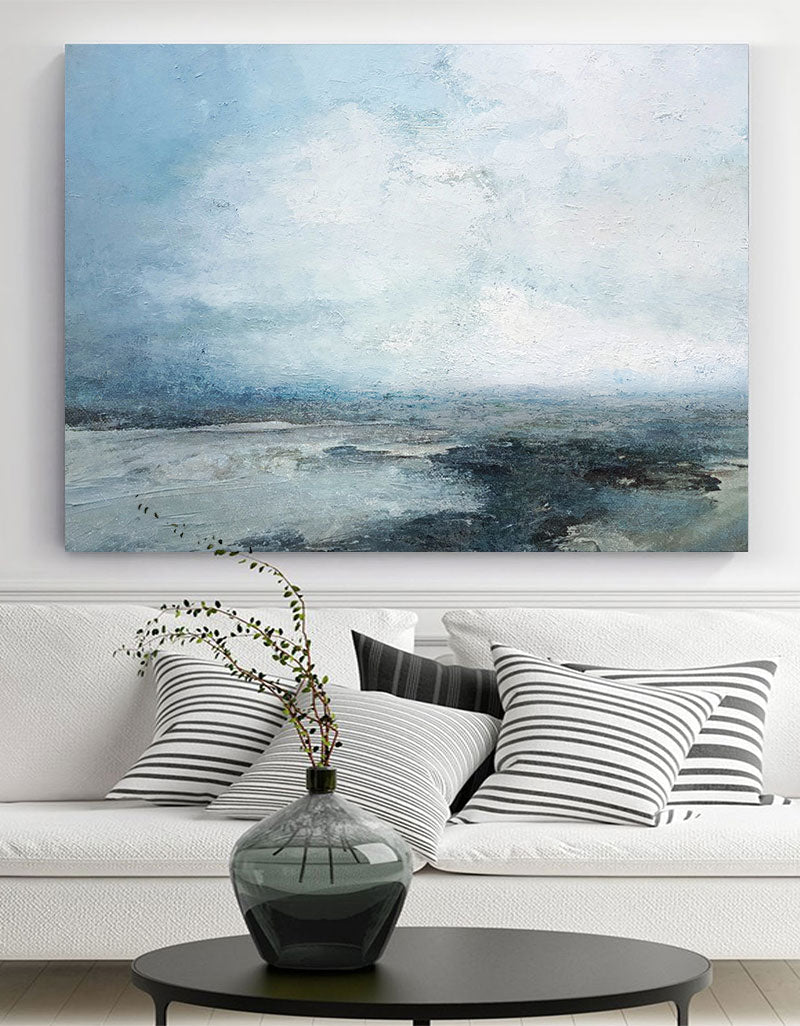 Serene Mist‑Shrouded Seascape Cool‑Tone Soft‑Layer Textured Artwork