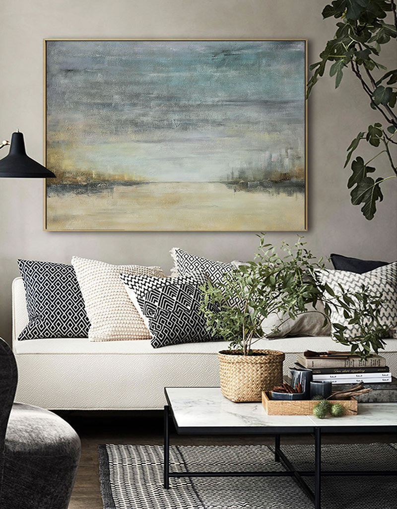 Teal‑Beige‑Gold Horizontal Abstract Coastal Seascape Textured Artwork