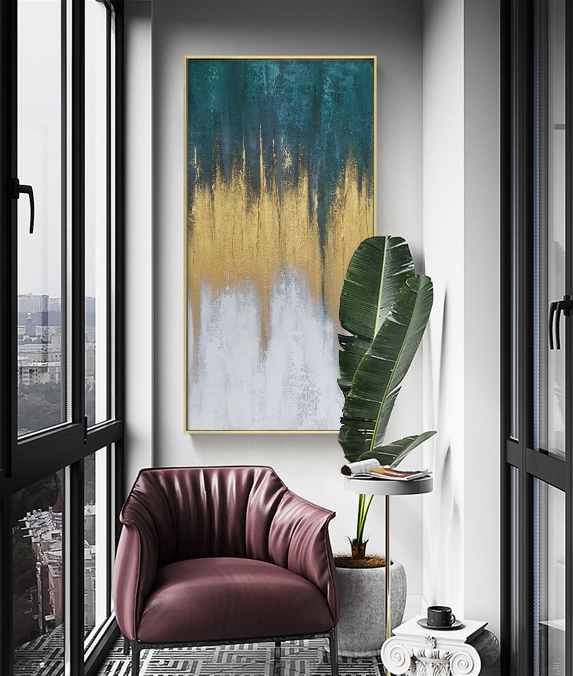 Vertical Abstract Teal Gold Ombre Cascading Light Oil Acrylic Linen Canvas Painting
