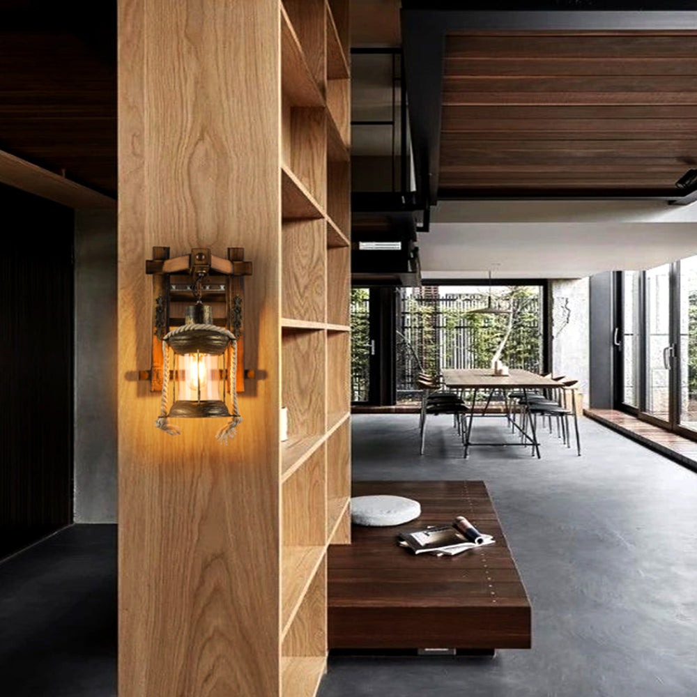 Epoch Vintage Lantern Shape Wood Metal Wall Lamp - Neutralighting