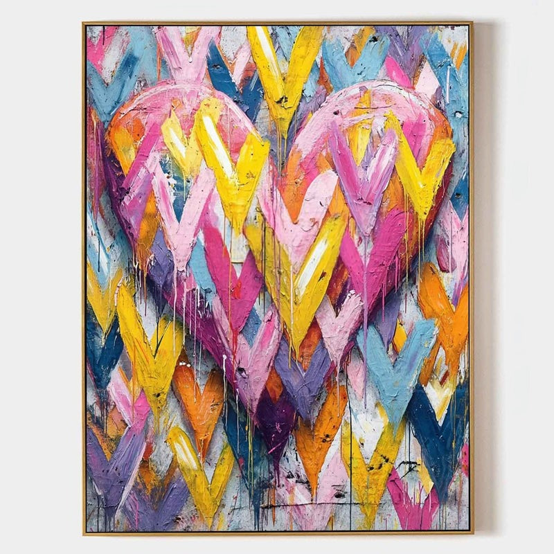 Vibrant Chevron Double Heart Impasto Painting