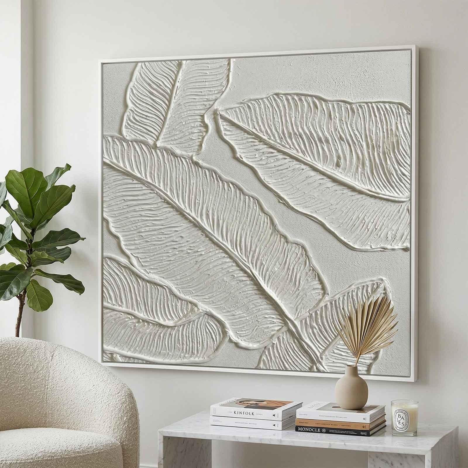 Plaster Art White 3D Leaf Texture Painting