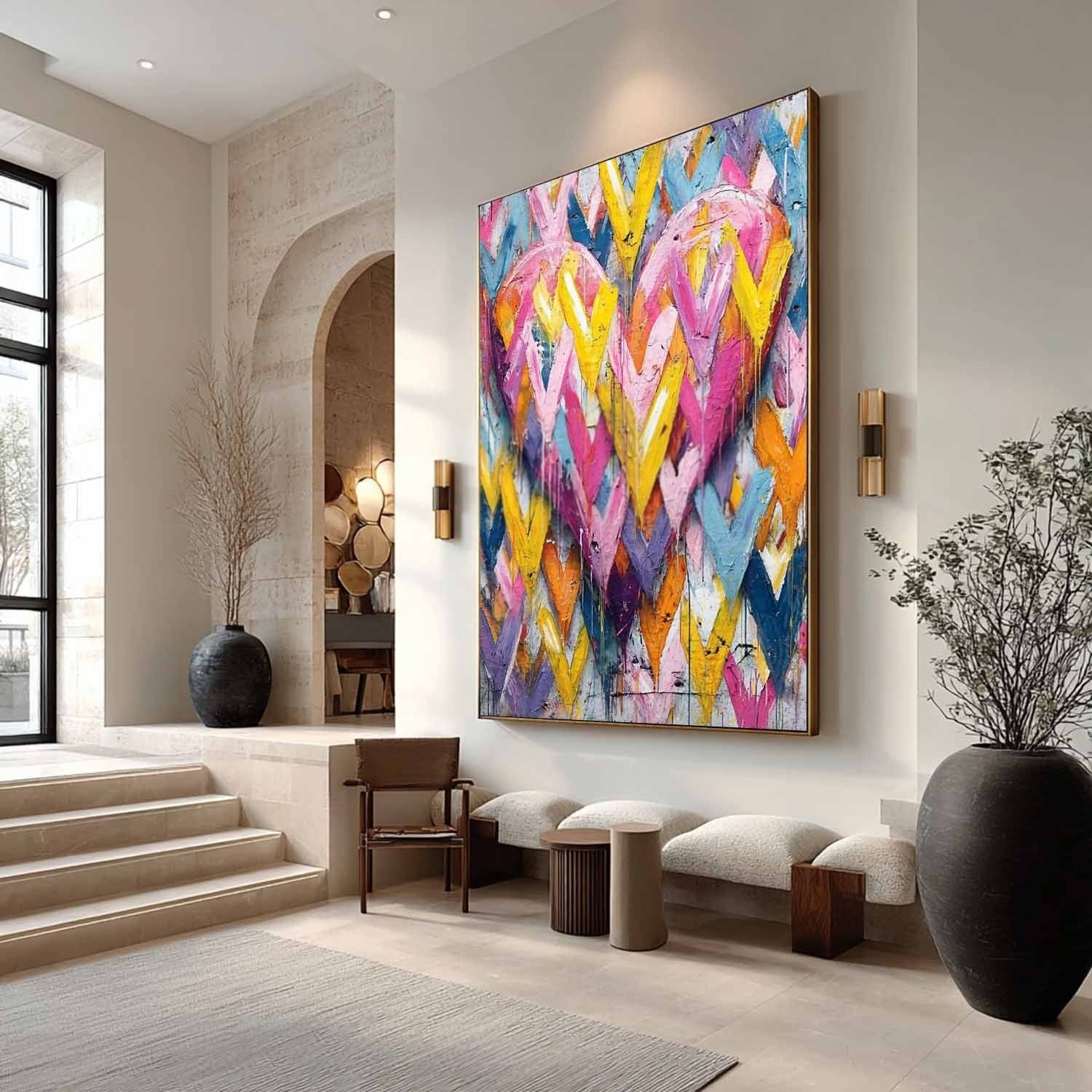 Vibrant Chevron Double Heart Impasto Painting