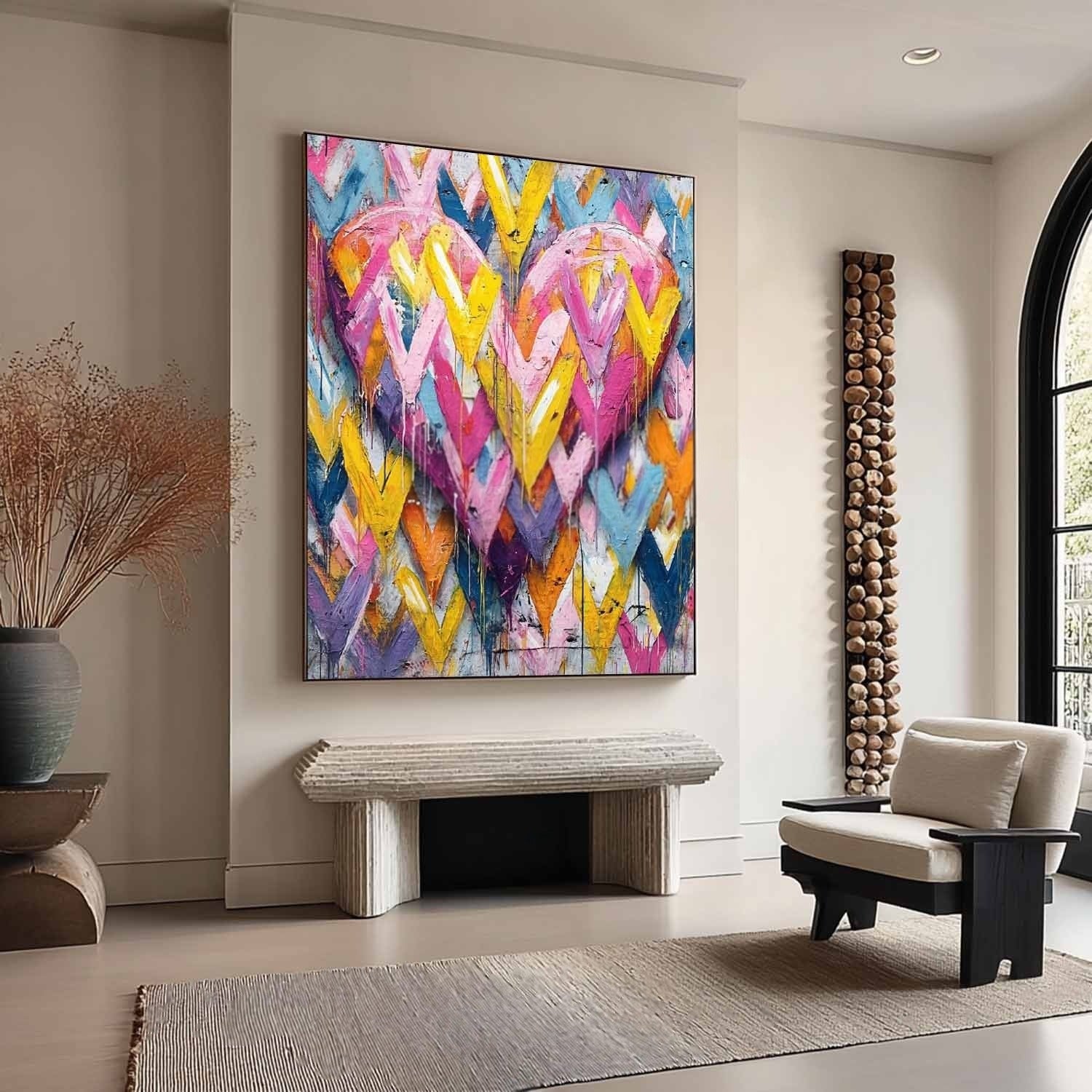Vibrant Chevron Double Heart Impasto Painting