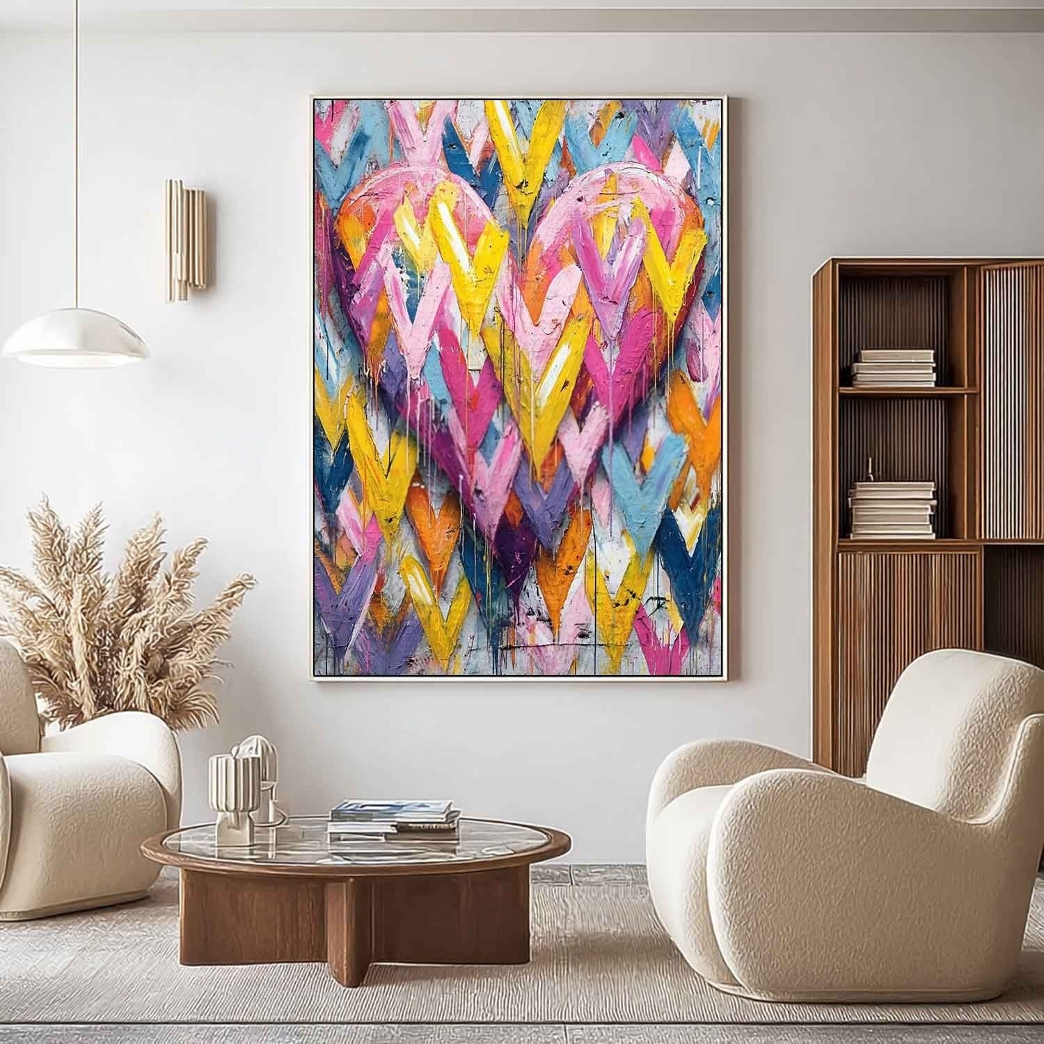 Vibrant Chevron Double Heart Impasto Painting