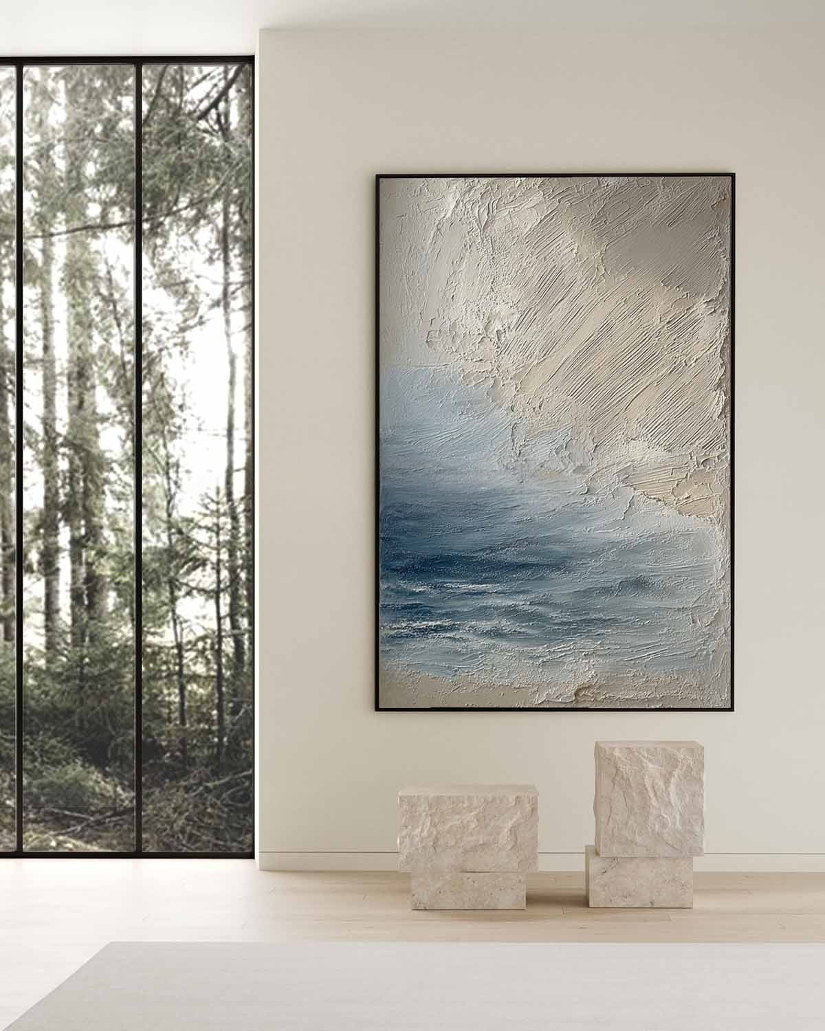 Wall Art Vertical Textured Abstract Sea Relief Scene Cool Coastal