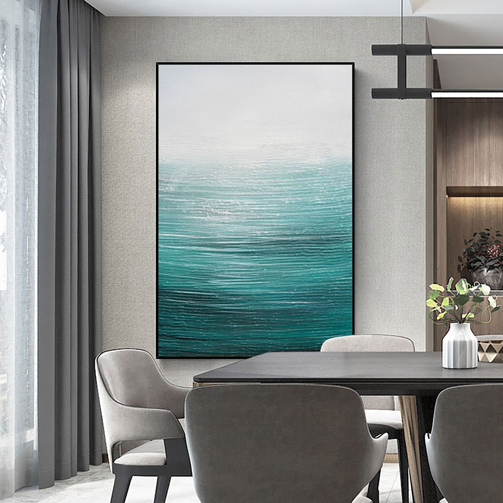 bstract Teal Gradient Seascape Minimalist Oil Acrylic Linen Canvas Painting
