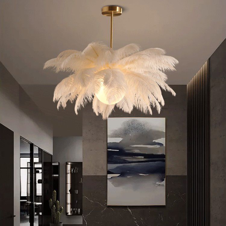 O'Moore Ostrich Contemporary Elegant Feather Chandelier, White - Neutralighting
