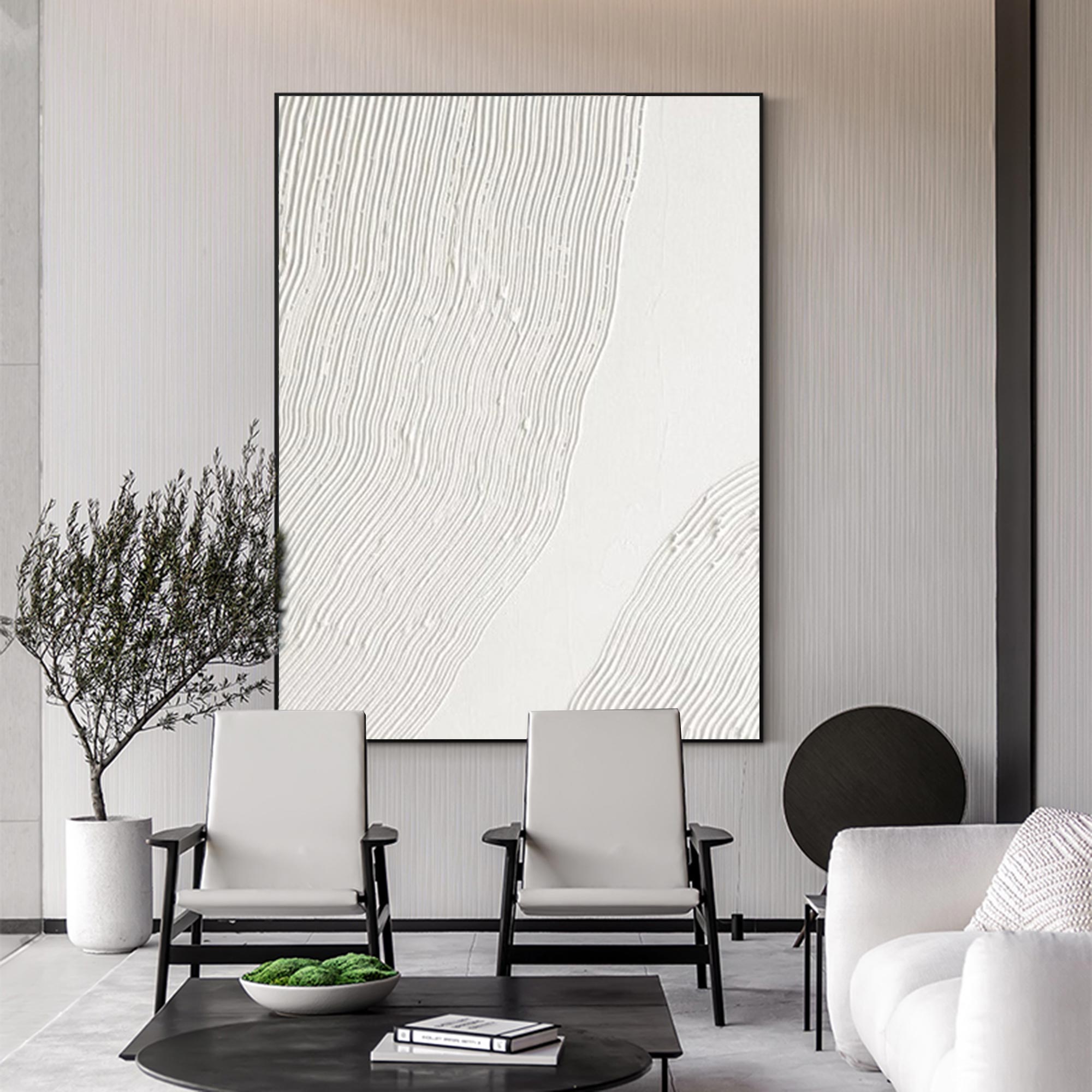 Off‑White Vertical Wavy‑Line Relief‑Textured Framed Artwork