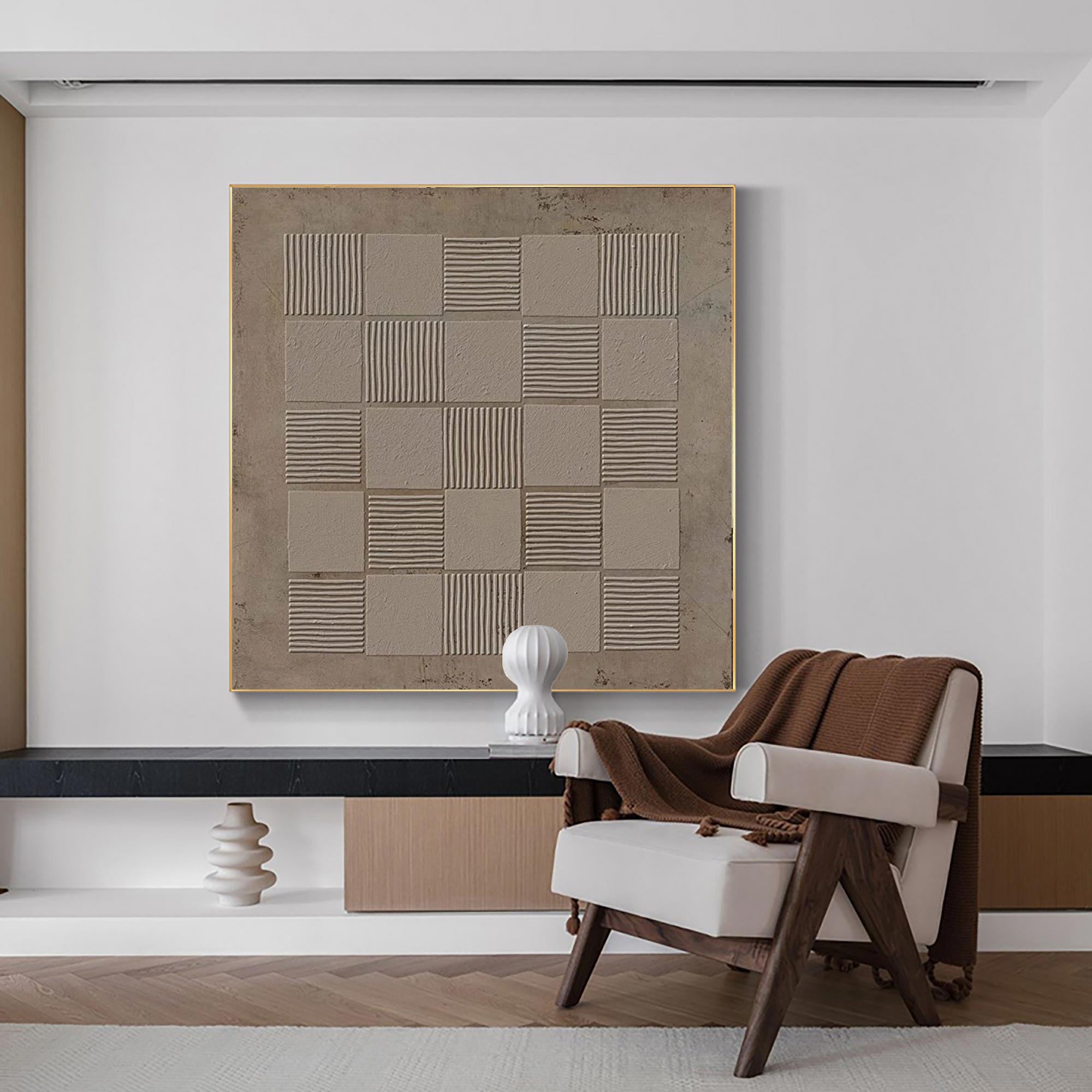 Beige‑Taupe Square Grid‑Line Raised‑Textured Artwork