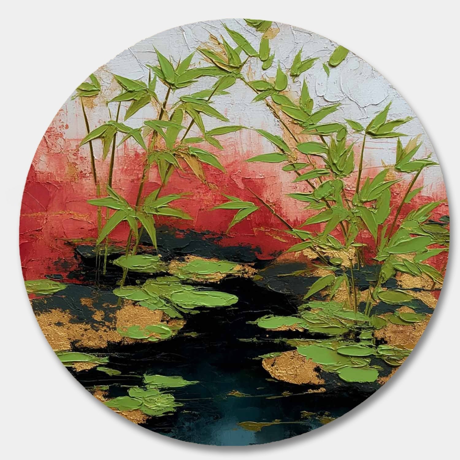 Wall Art Round Bamboo Lotus Leaf Red
