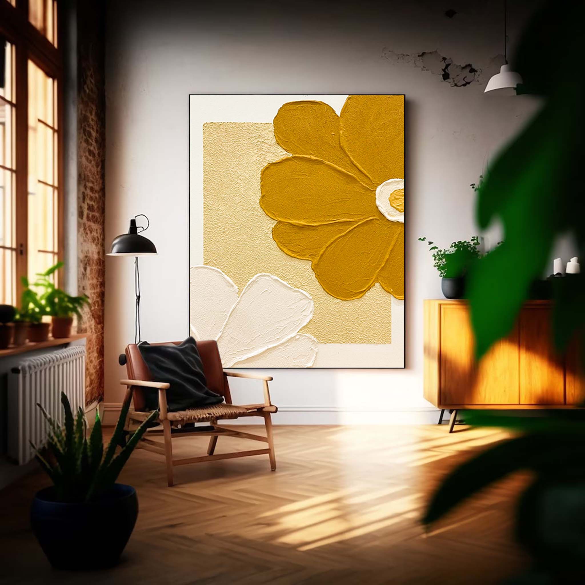Wall Art Golden Yellow White Daisy Geometric