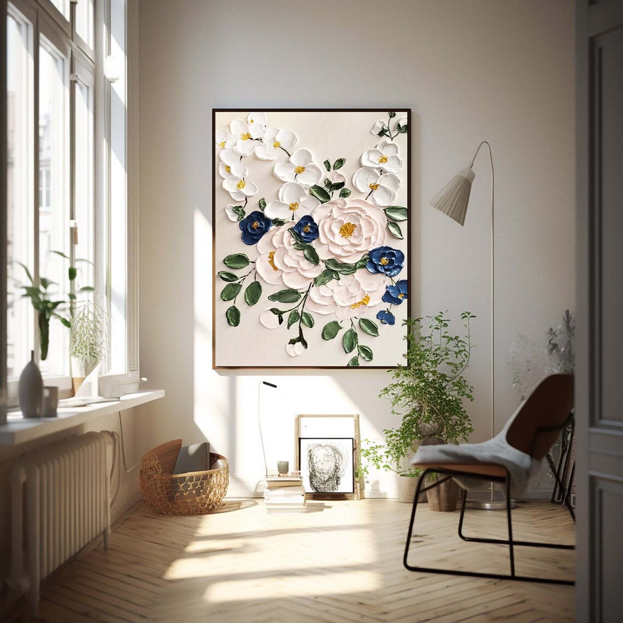 3D Impasto Floral Bouquet Painting White Blue