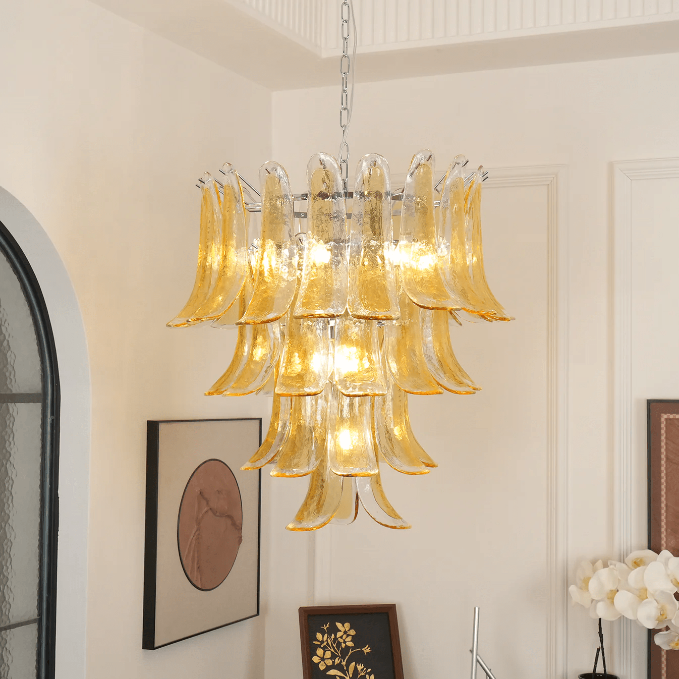 Aurora Chandelier Amber Lily Murano Glass Layered Centerpiece