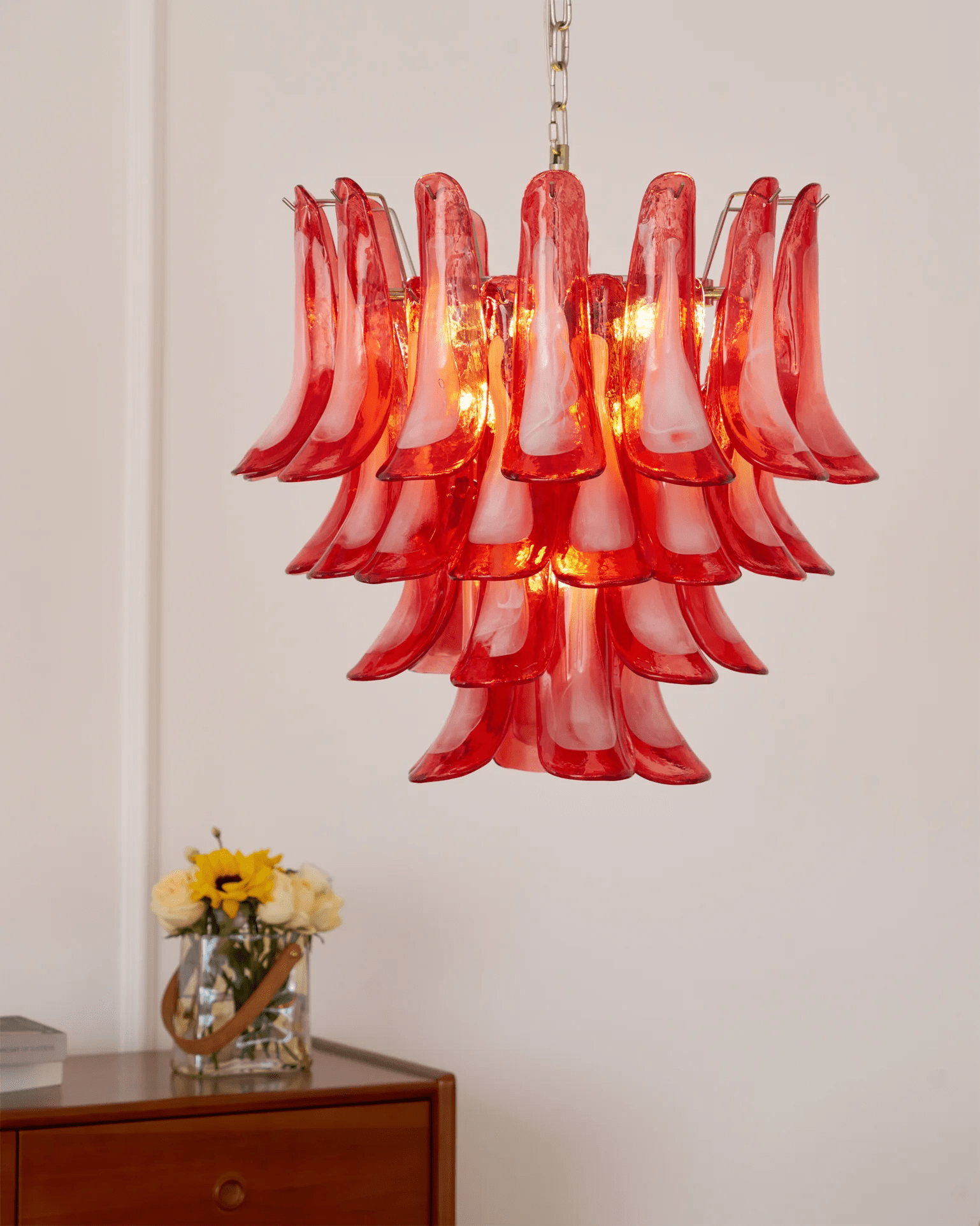 Aurora Chandelier Crimson Murano Glass Petals Layered Vintage