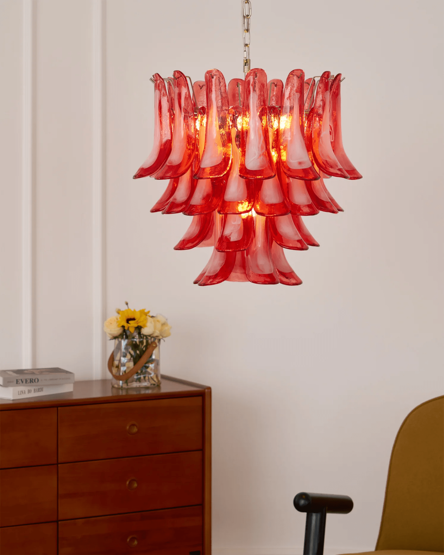 Aurora Chandelier Crimson Murano Glass Petals Layered Vintage