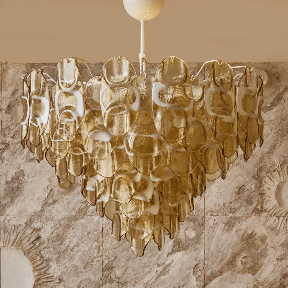 Aurora Chandelier Amber Murano Glass Oval Drops Layered