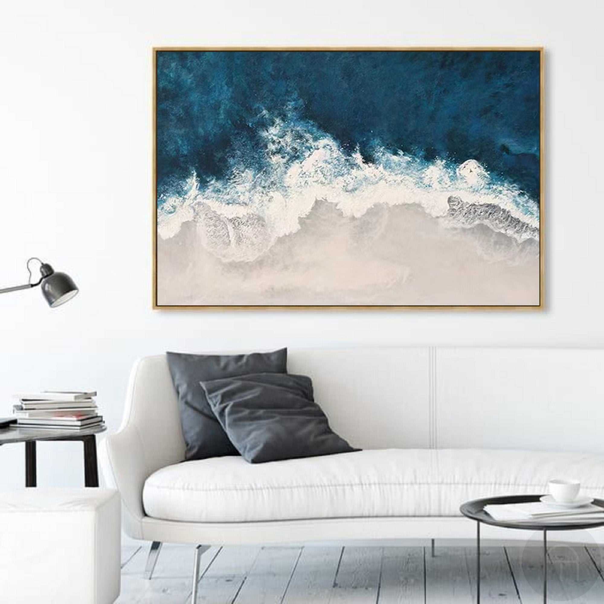Teal‑White Horizontal Sea‑Wave Raised‑Textured Artwork