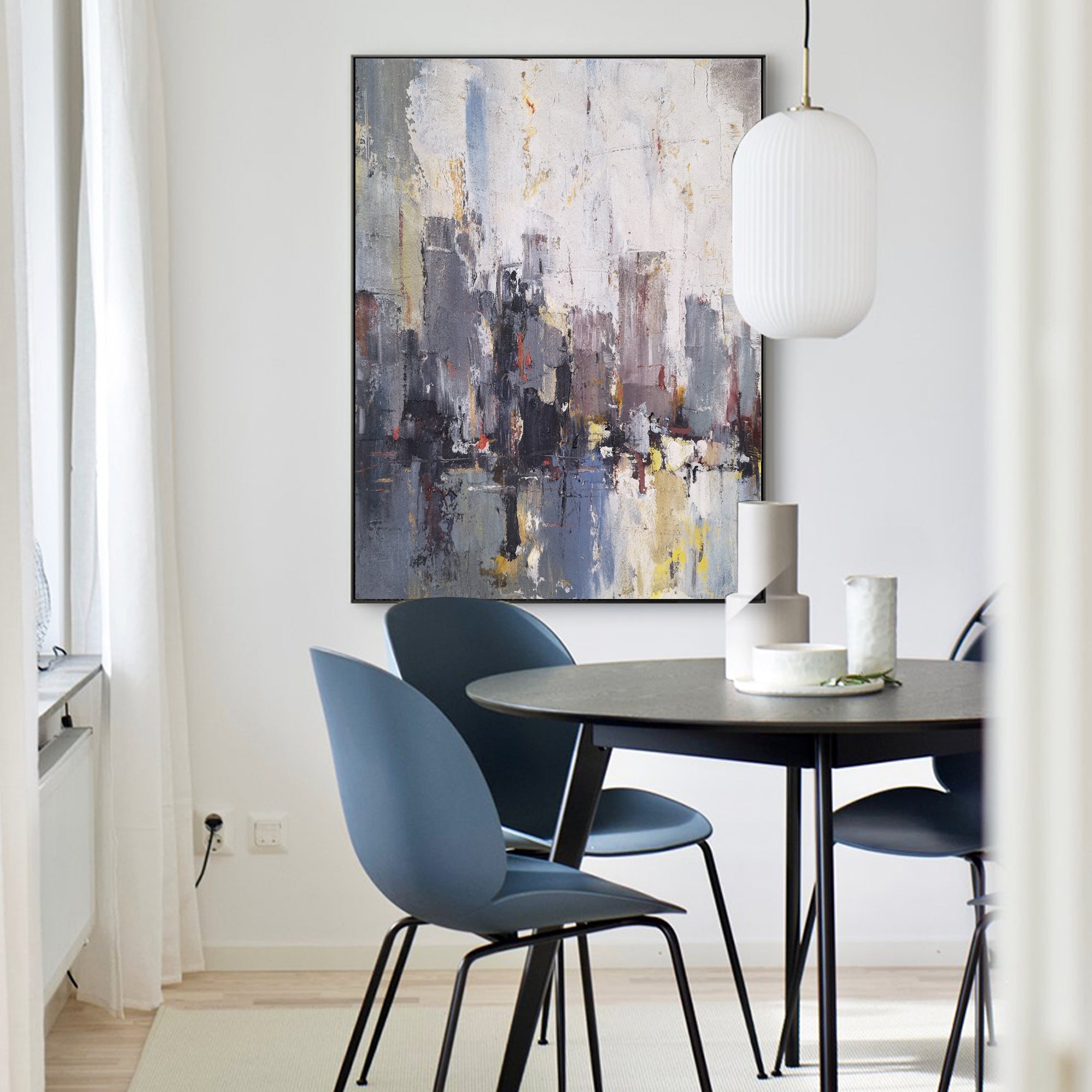 Grey‑Purple Square Urban Cityscape Impasto Textured Artwork
