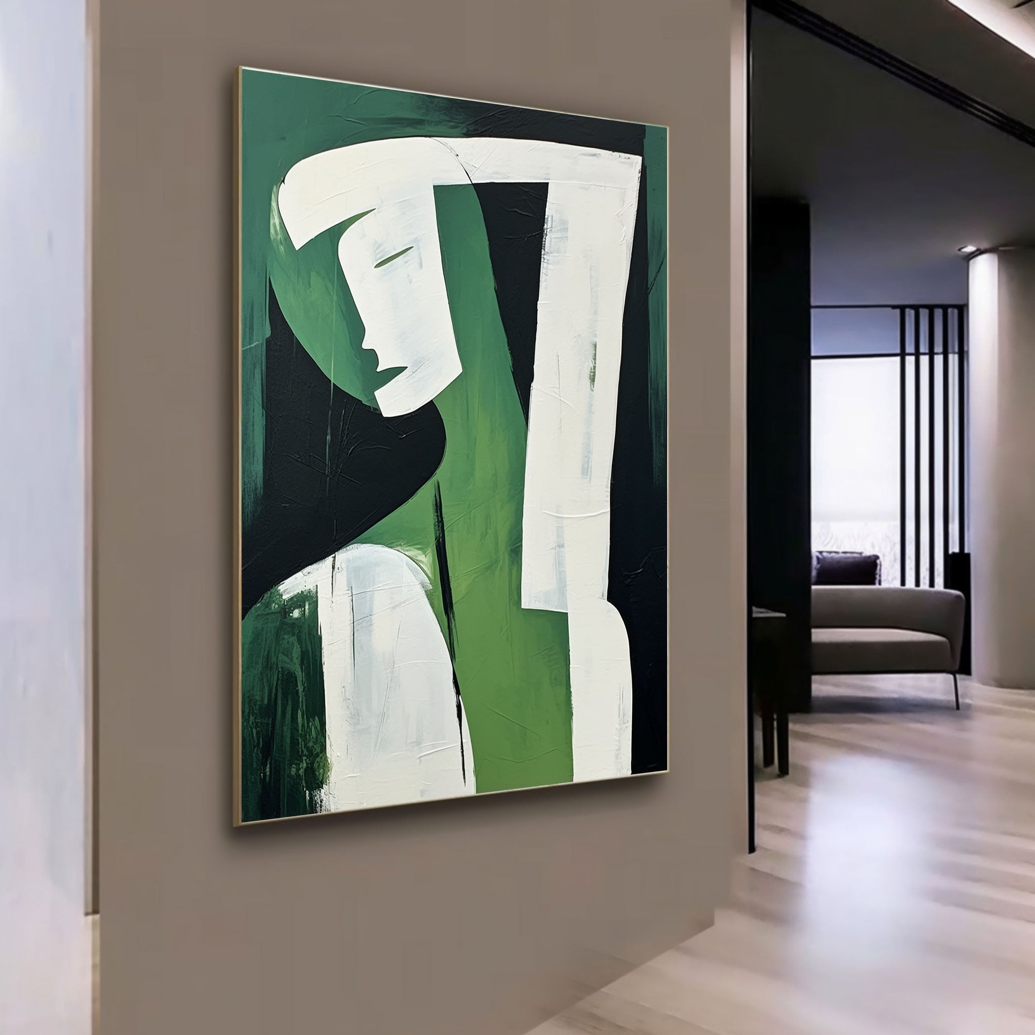 Wall Art Green Black Abstract Face Profile Plaster