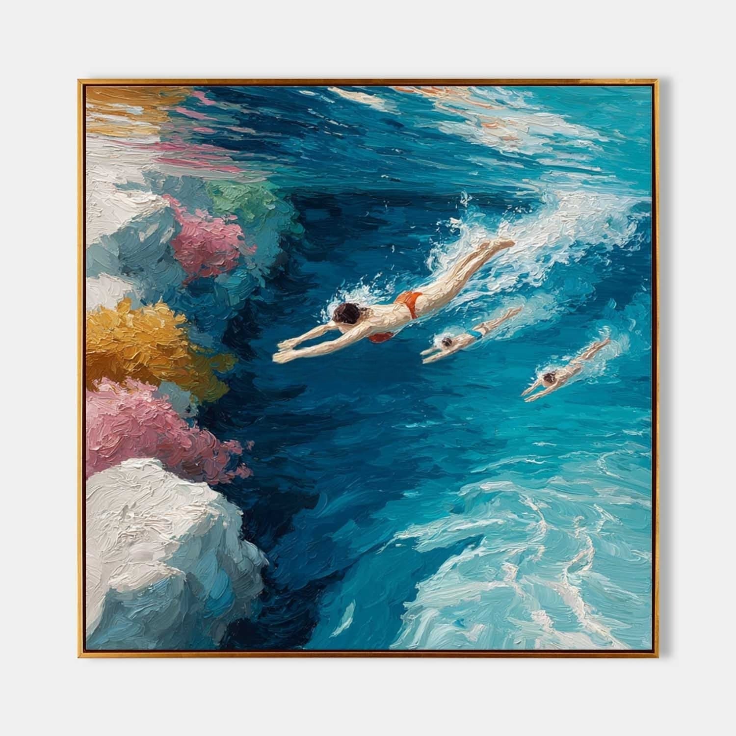 Tropical Ocean Swimmers Impasto Painting