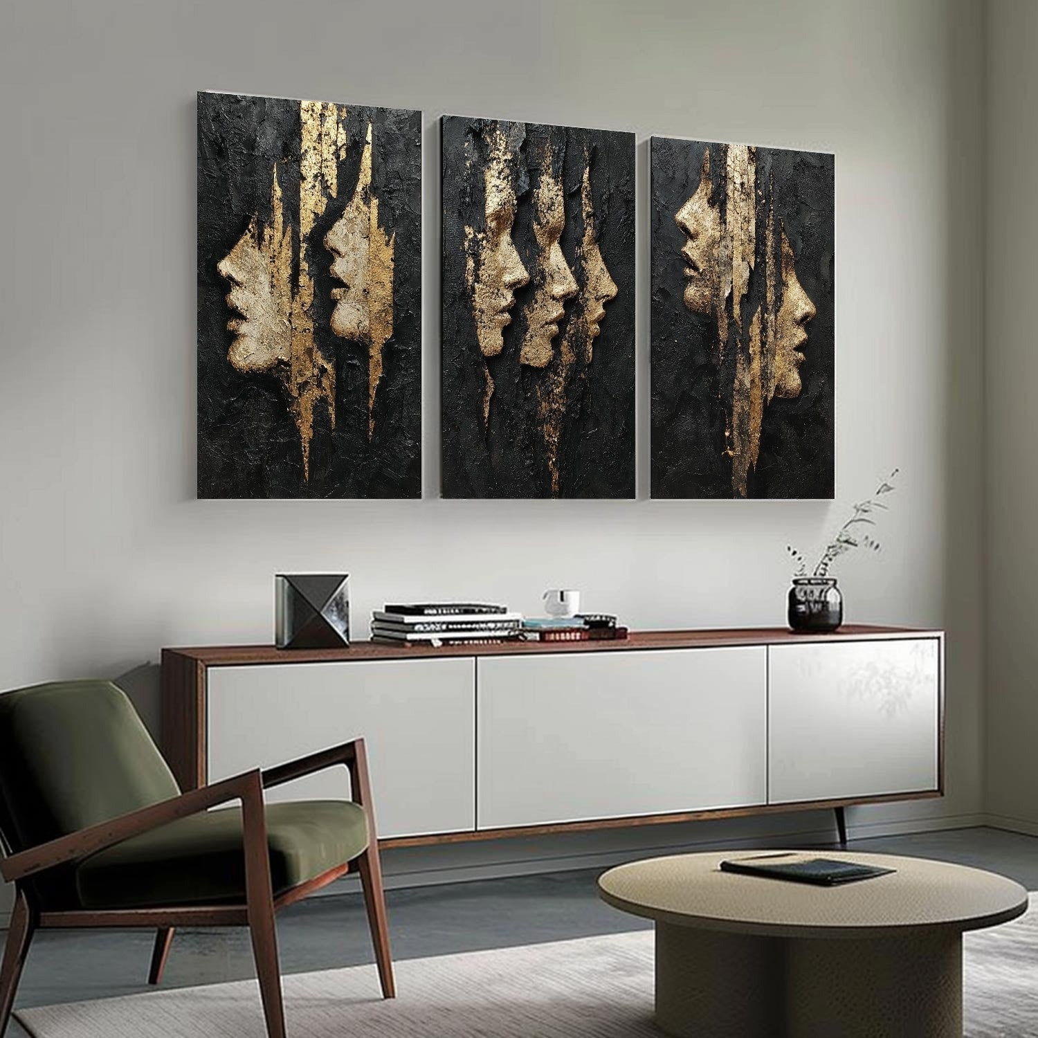 Black and Gold Abstract Faces Triptych Painting