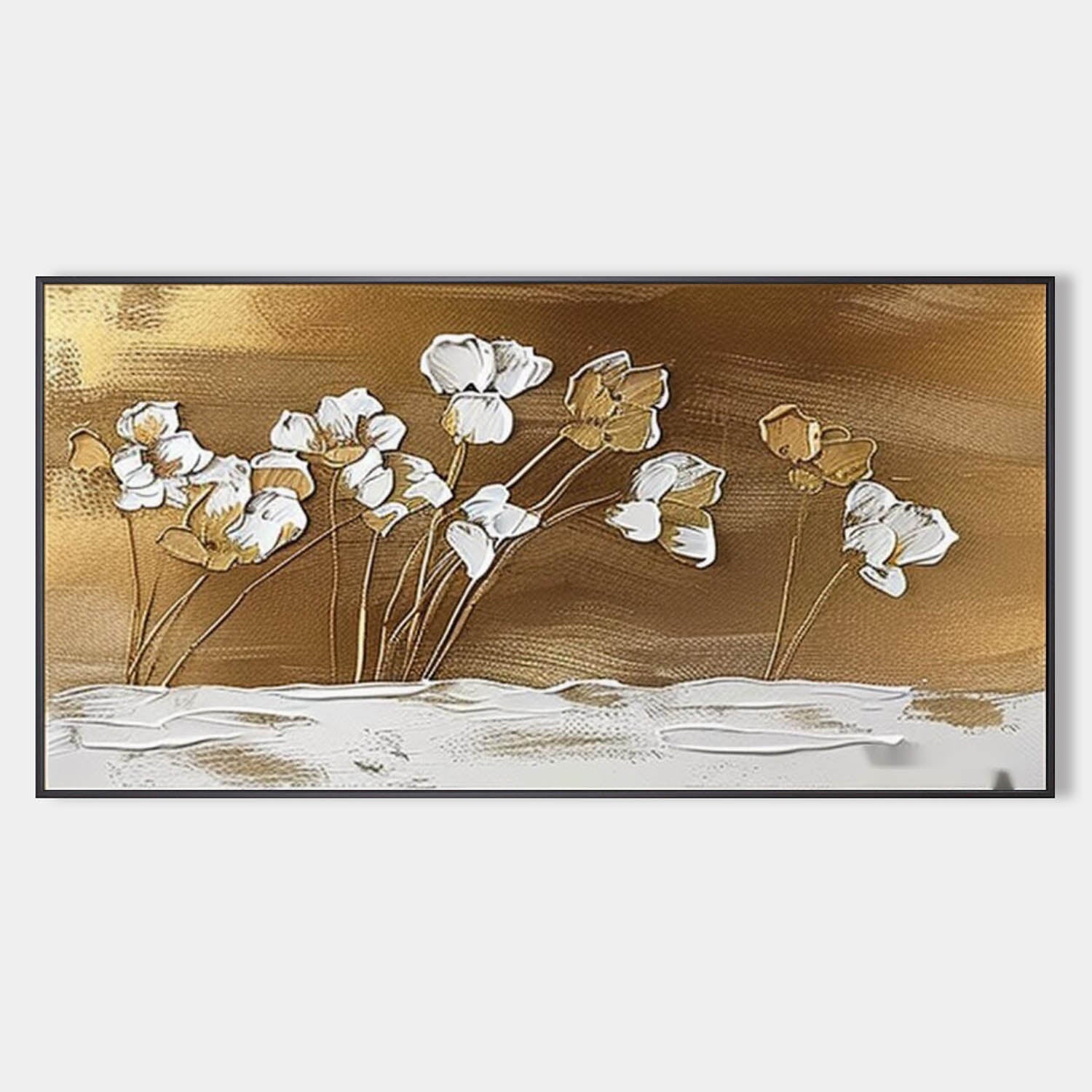 Textured Gold and White Floral Impasto Painting