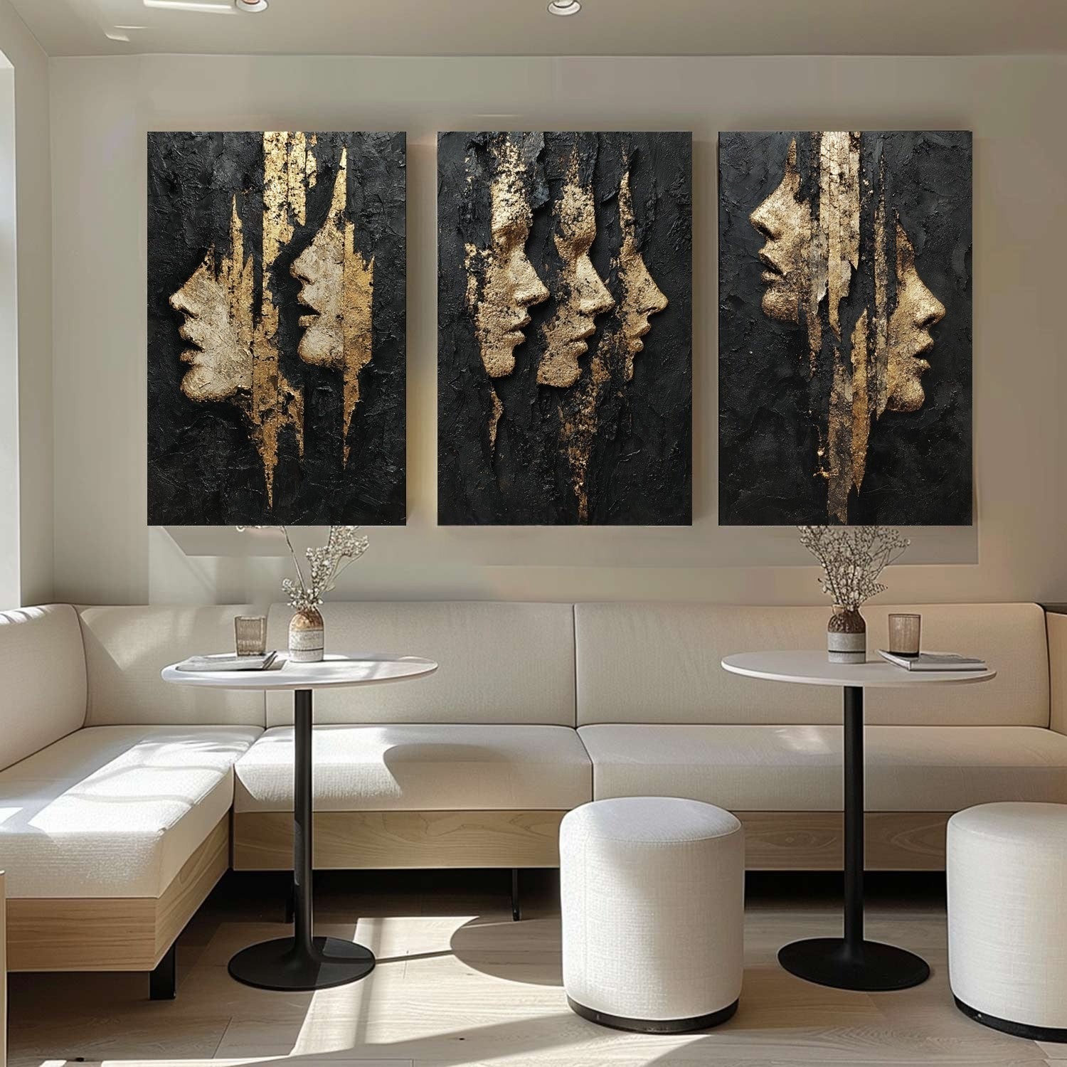 Black and Gold Abstract Faces Triptych Painting