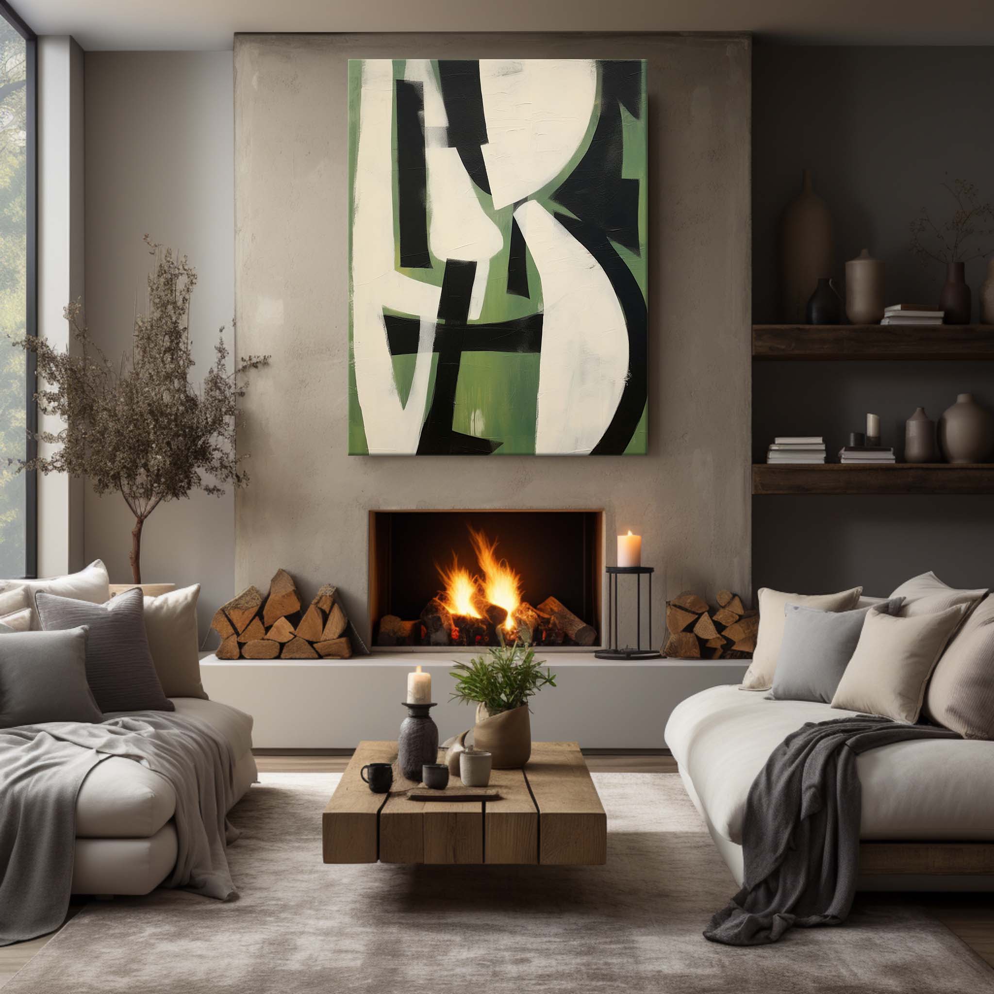 Wall Art Green Black White Geometric Abstract