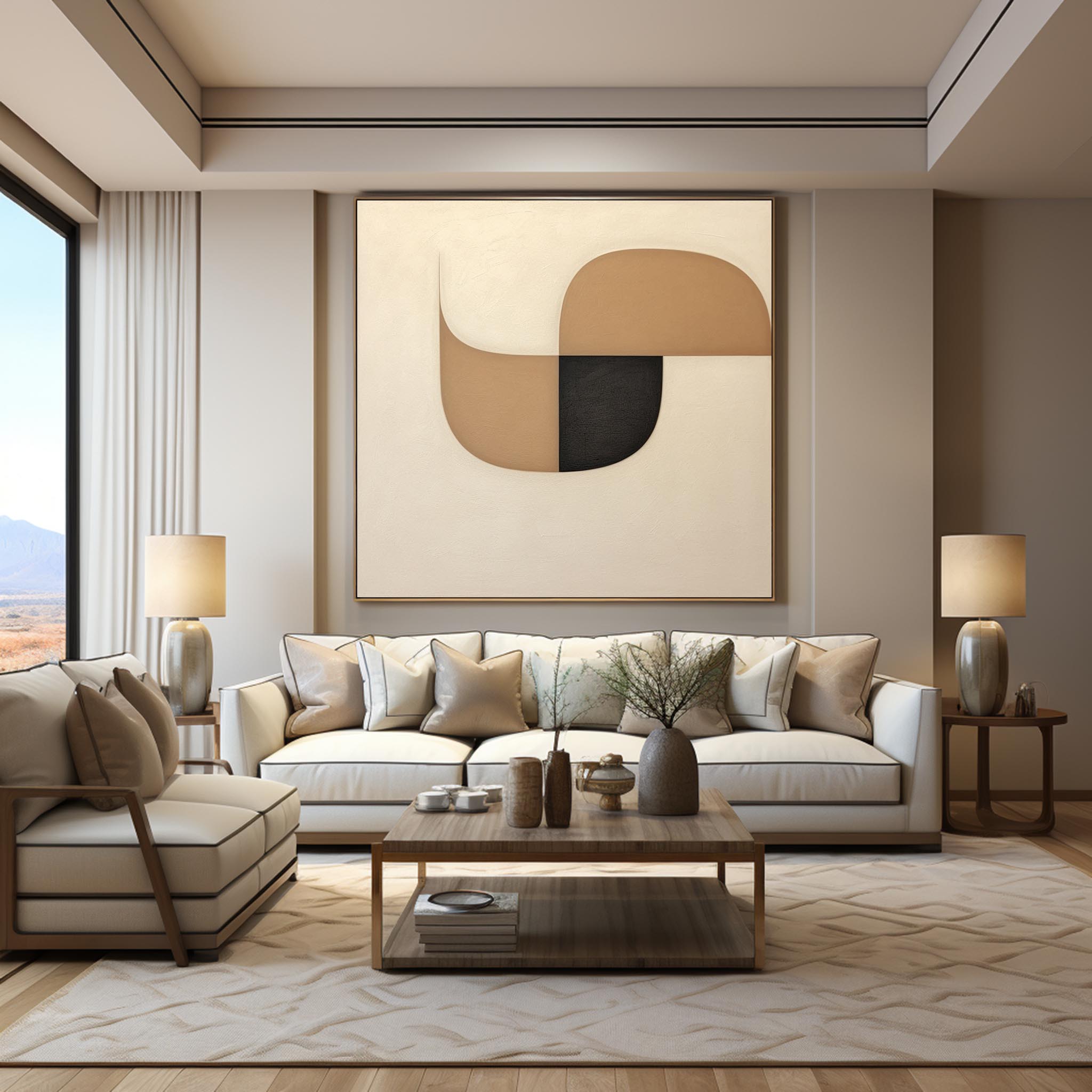 Wall Art Beige Black Abstract Shape Plaster