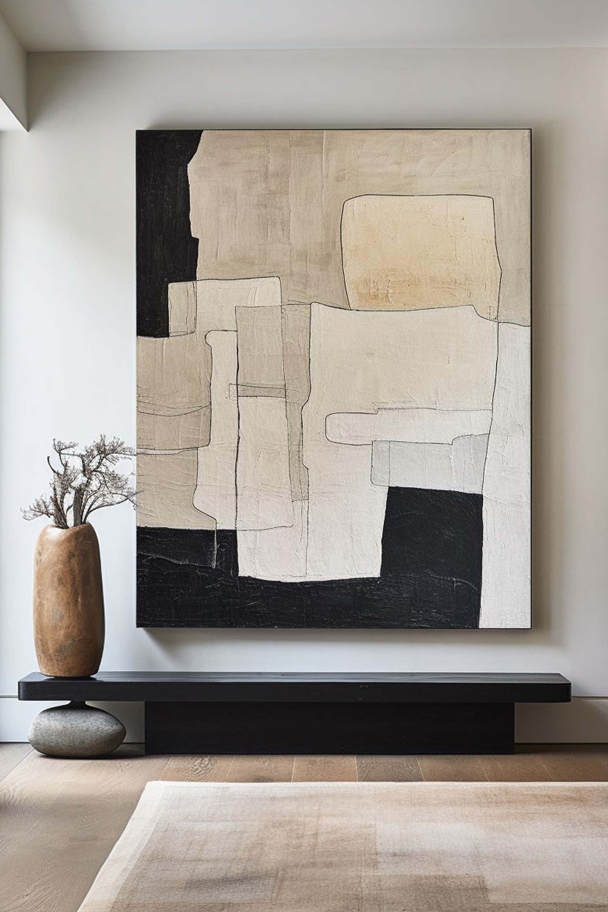 Neutral Black Beige Geometric Abstract Layered Wall Art