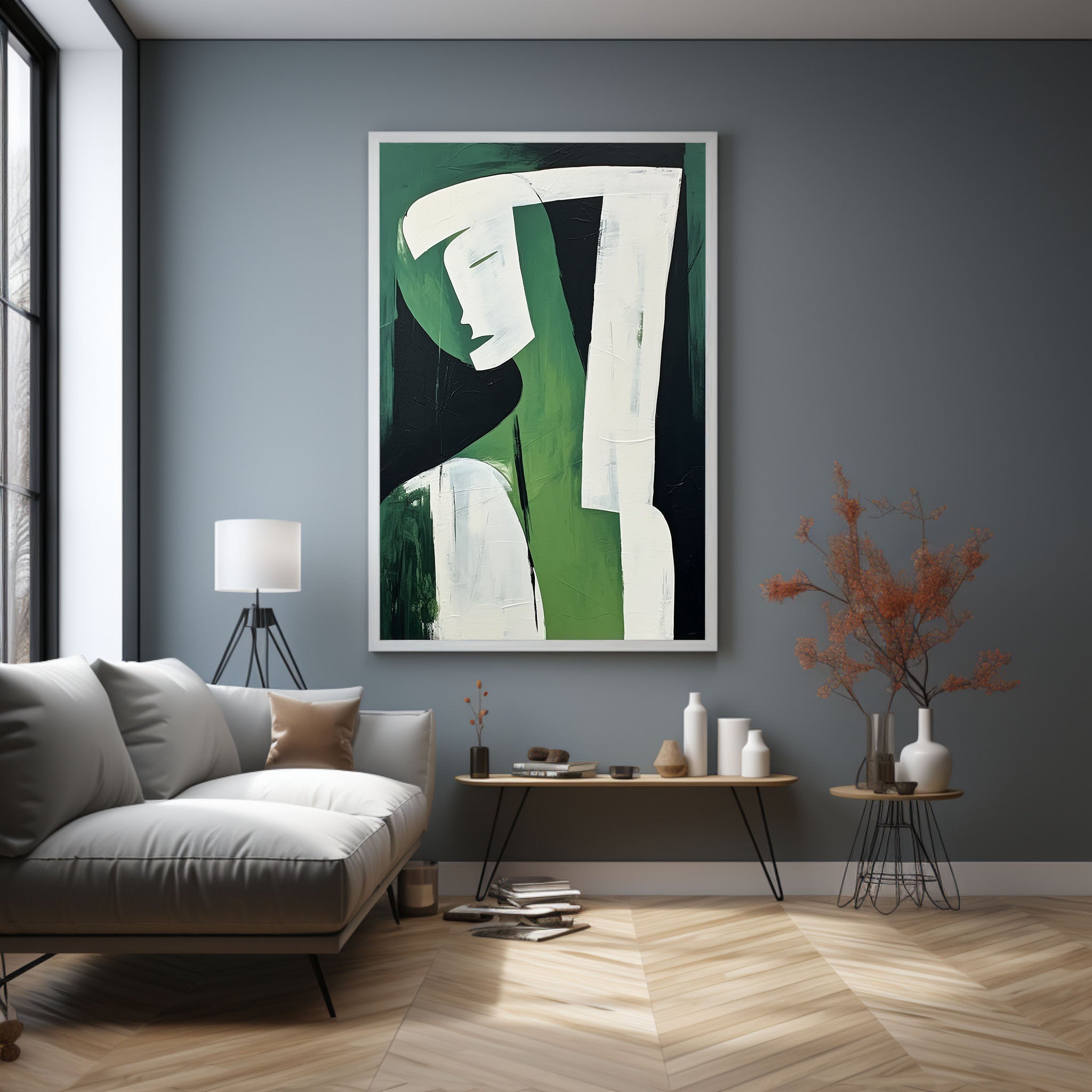 Wall Art Green Black Abstract Face Profile Plaster