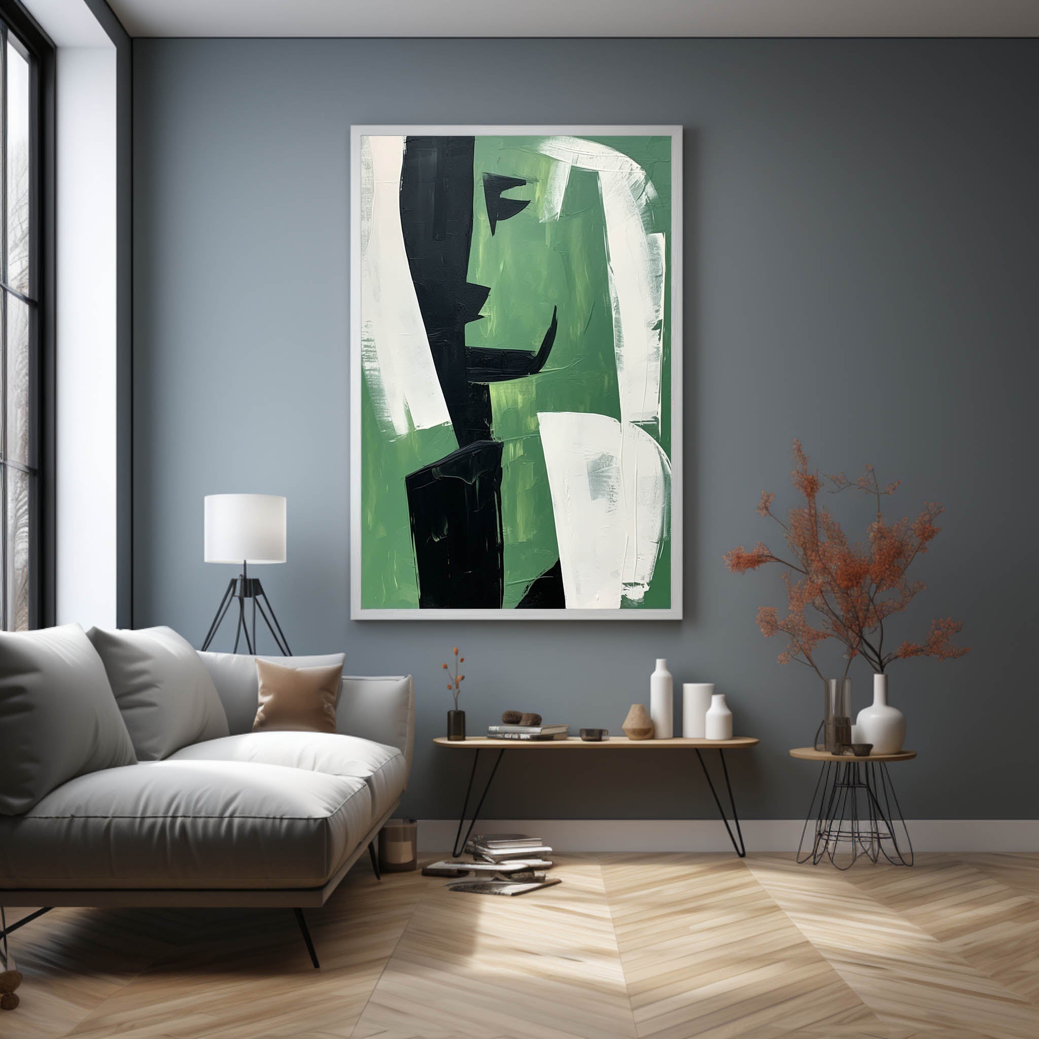 Wall Art Sage Green Black Abstract Face