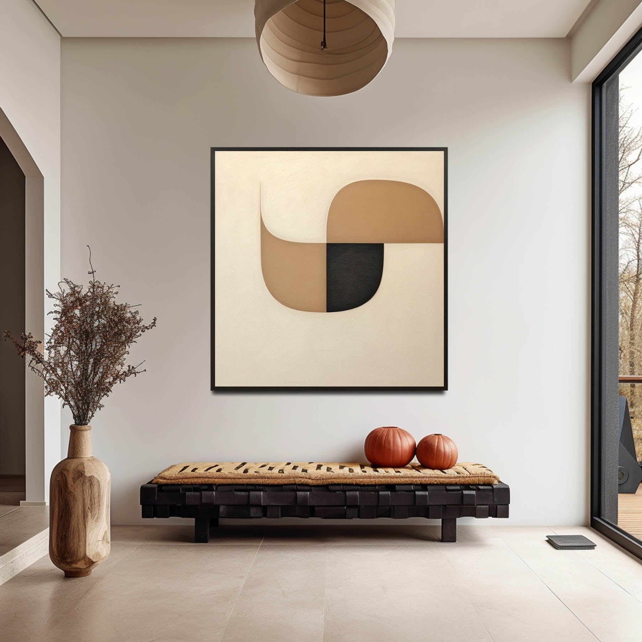 Wall Art Beige Black Abstract Shape Plaster