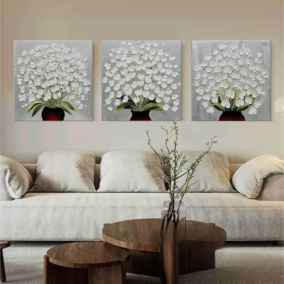 White Floral Triptych 3D Impasto Painting Set Of 3