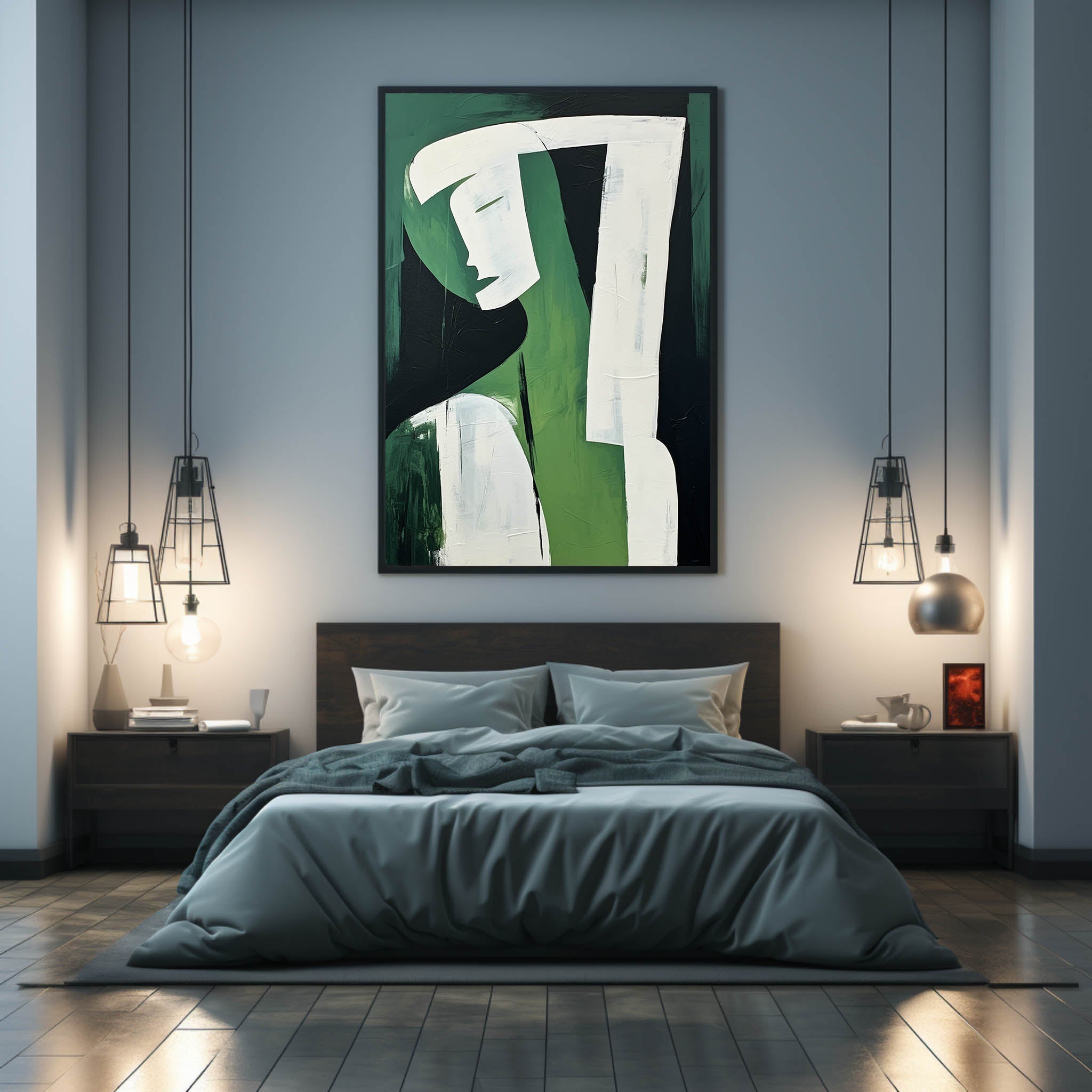 Wall Art Green Black Abstract Face Profile Plaster