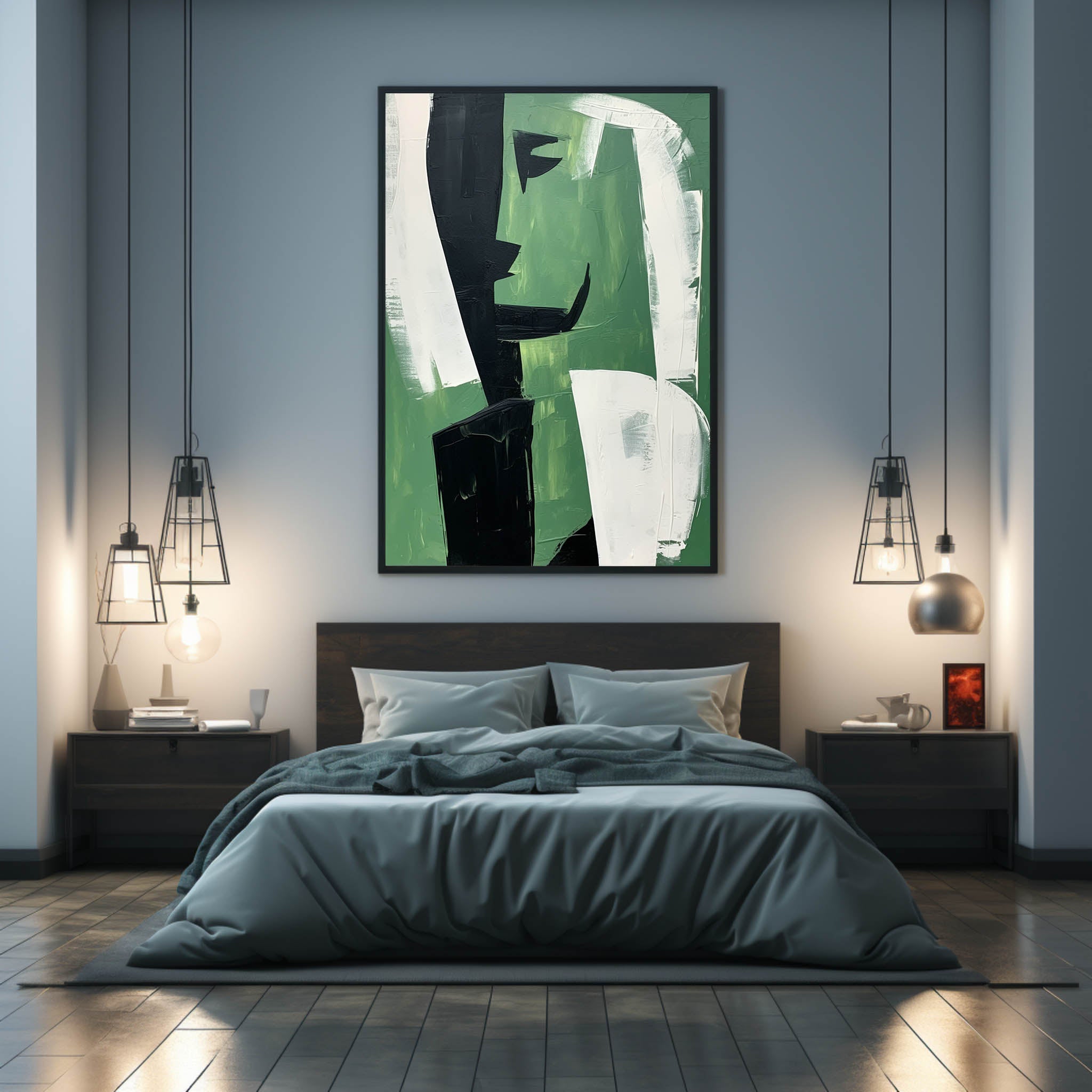 Wall Art Sage Green Black Abstract Face