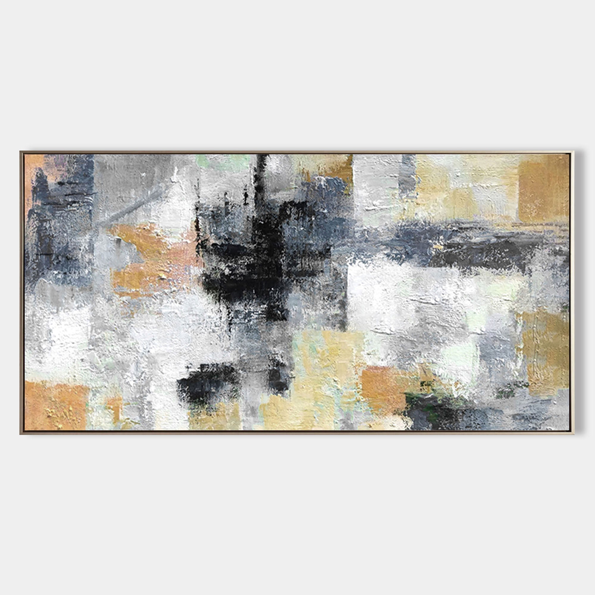 Abstract Black Gray Gold Textured Geometric Oil Acrylic Linen Canvas Painting